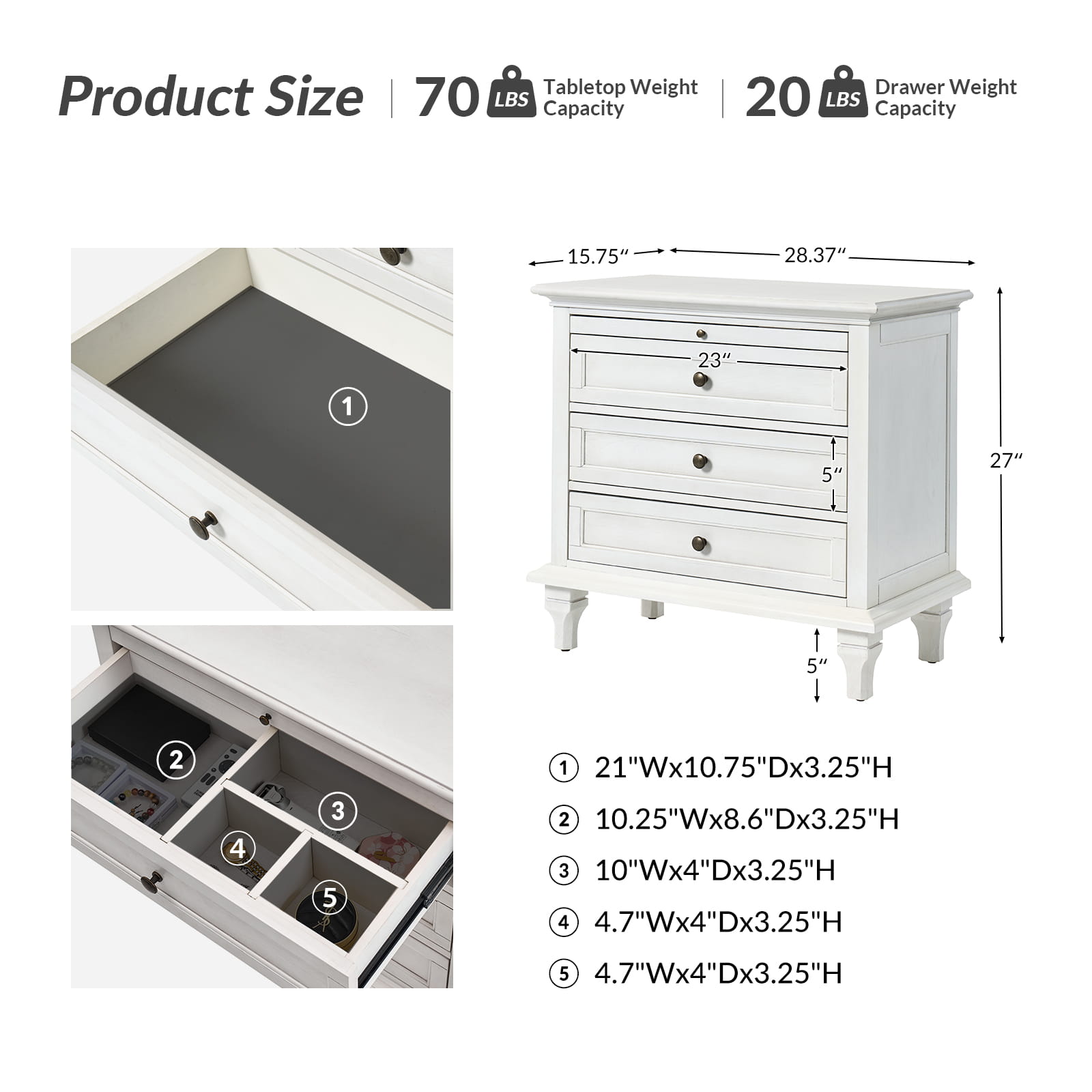 Galatea 3-Drawer Nightstand with USB Charging Ports & Power Outlets - Modern Bedside Table with Storage for Bedroom, Living Room or Office