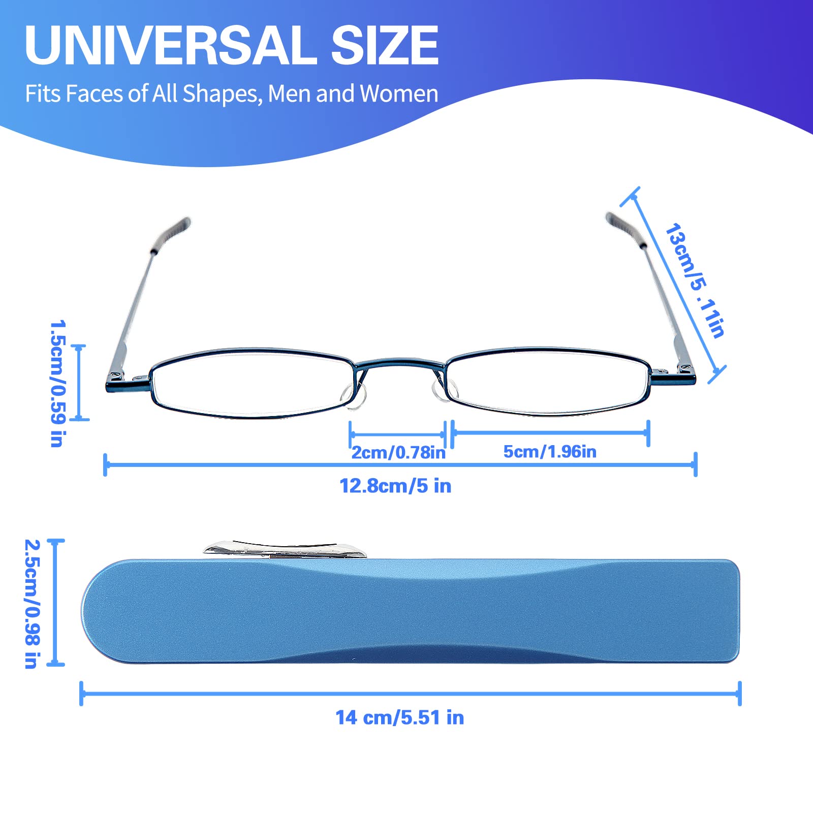 I-Mag Mini Slim Metal Spring Hinge Reading Glasses with Slide Open Hard Case - Blue +1.50 Magnification for Men & Women - Lightweight Eyewear for Reading, Office Work & Travel