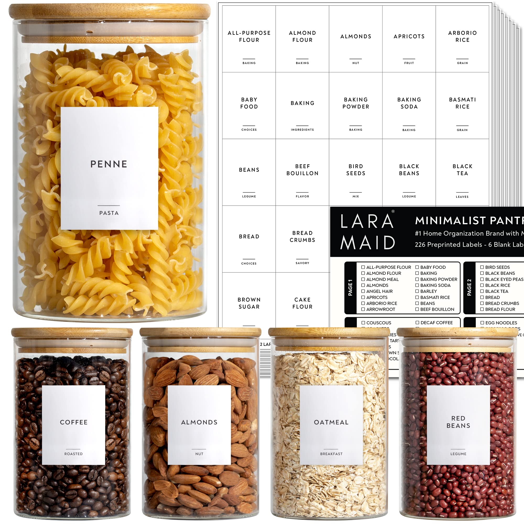 242-Pack Minimalist Pantry Labels - Waterproof Vinyl Stickers with Removable Adhesive (Black Text on White) - Fits Round, Square & Rectangle Glass Jars - Perfect for Organizing Baking Ingredients, Grains, Beans & Snacks - Ideal for Kitchen, Pantry & Food Storage Organization