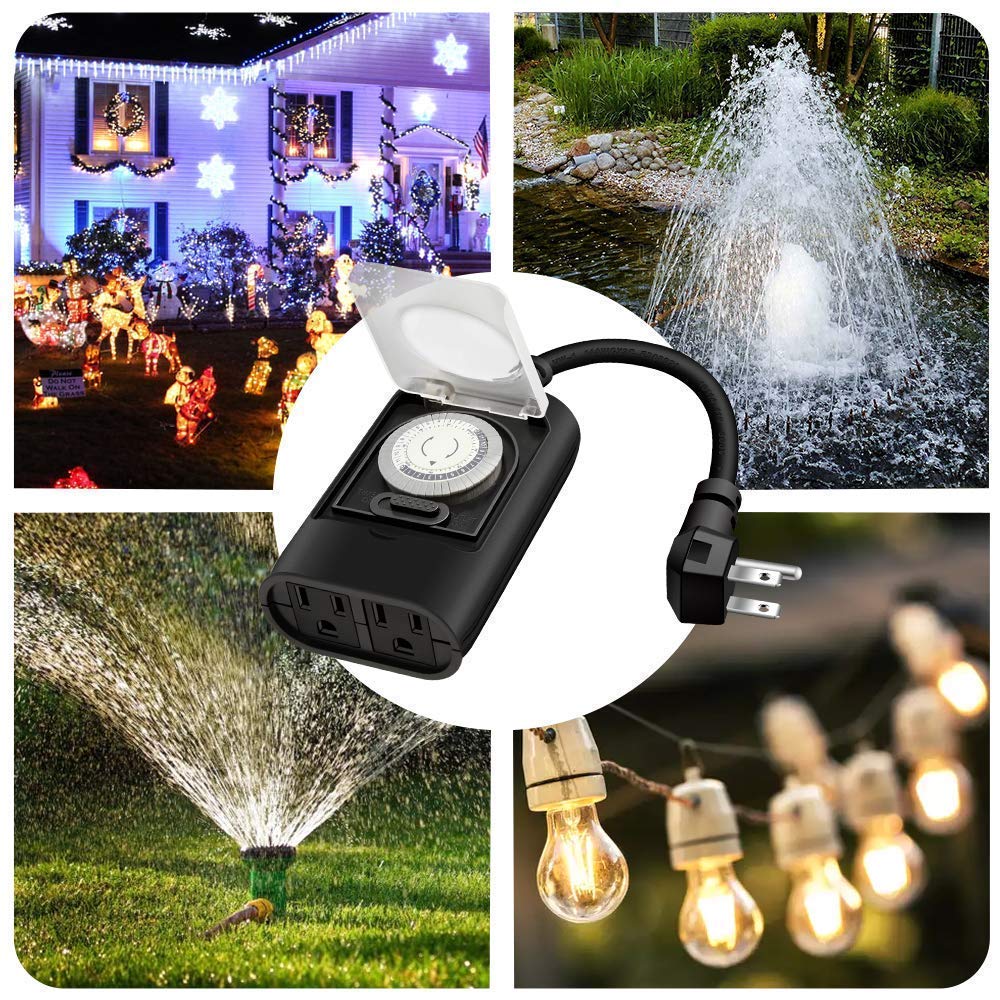 Kasonic 12-Ft 3-Outlet Heavy Duty Extension Cord 2-Pack with Outdoor Timer - 24-Hour Mechanical Timer Switch for Patio, Garden & Holiday Lights - Weatherproof Power Strip for Outdoor Use
