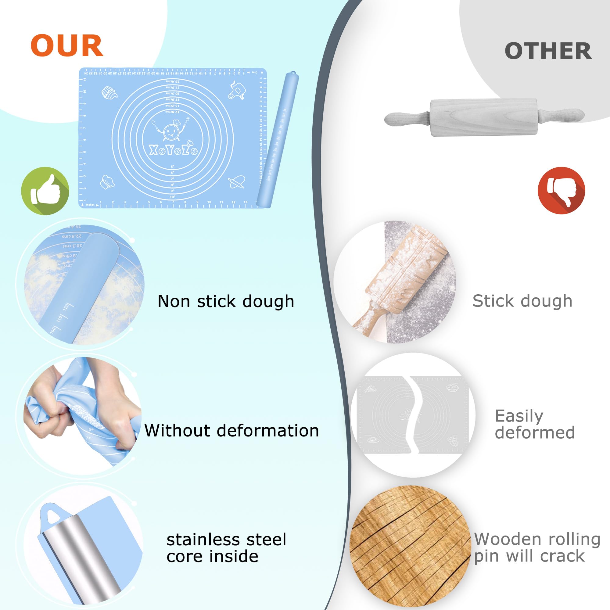Non-Stick Silicone Rolling Pin & Baking Mat Set - Premium Dough Roller for Pizza, Biscuits, Bread & Pastry - Perfect for Home Baking, Kitchen Essentials & Holiday Cooking Gifts