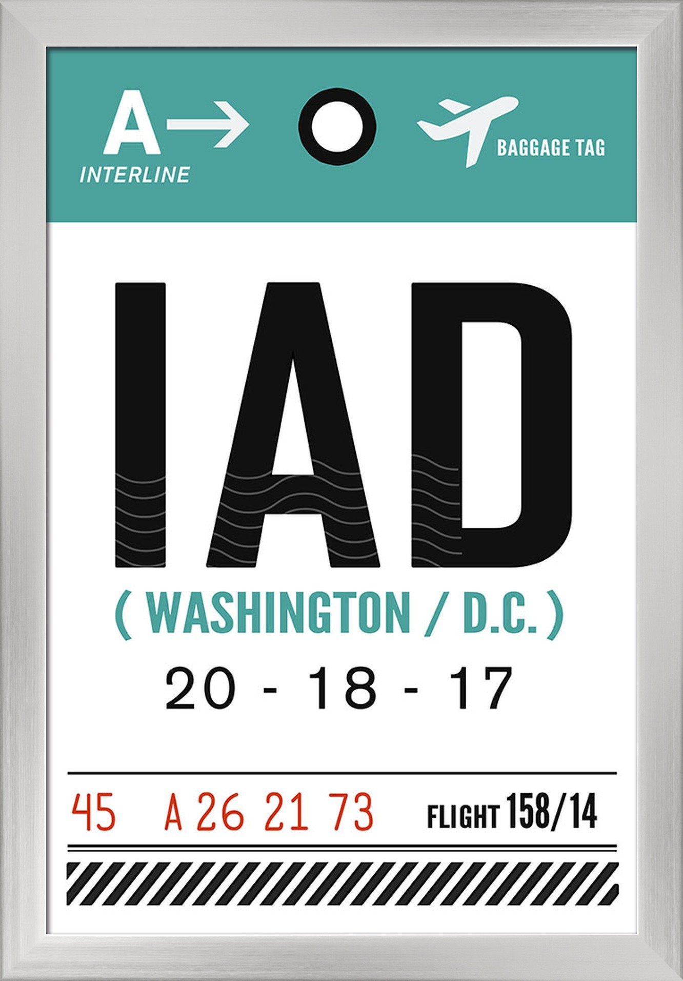 Washington DC IAD Airport Luggage Tag - 16x24 Inch Giclee Fine Art Print with Recycled Wood Frame in Silver | Perfect for Travel Accessories & Souvenirs