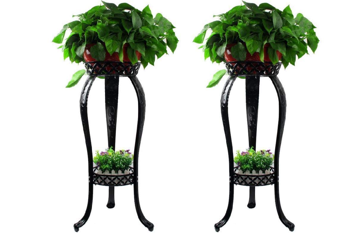 32 Inch Tall 2-Tier Metal Plant Stand - Rustproof Wrought Iron Flower Pot Holder for Indoor & Outdoor Use - Decorative Garden Corner Plant Rack (2 Pack, Black) - Perfect for Balcony, Patio, Living Room & Office Decor