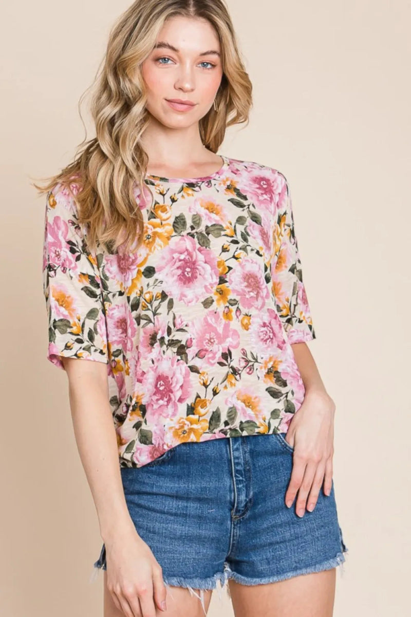 BOMBOM Floral Print Round Neck T-Shirt for Women - Casual Style Summer Top for Outfits, Streetwear & Daily Wear