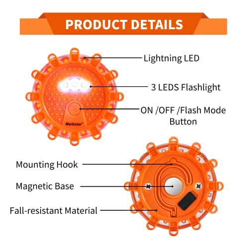 USB Rechargeable LED Road Flares 6-Pack - Emergency Roadside Safety Kit with 9 Flash Modes, Magnetic Base & Hook | Lithium Battery Powered Warning Beacon for Cars, Trucks & Motorcycles | Includes Free Gloves (Perfect for Nighttime Breakdowns & Hazard Signaling)