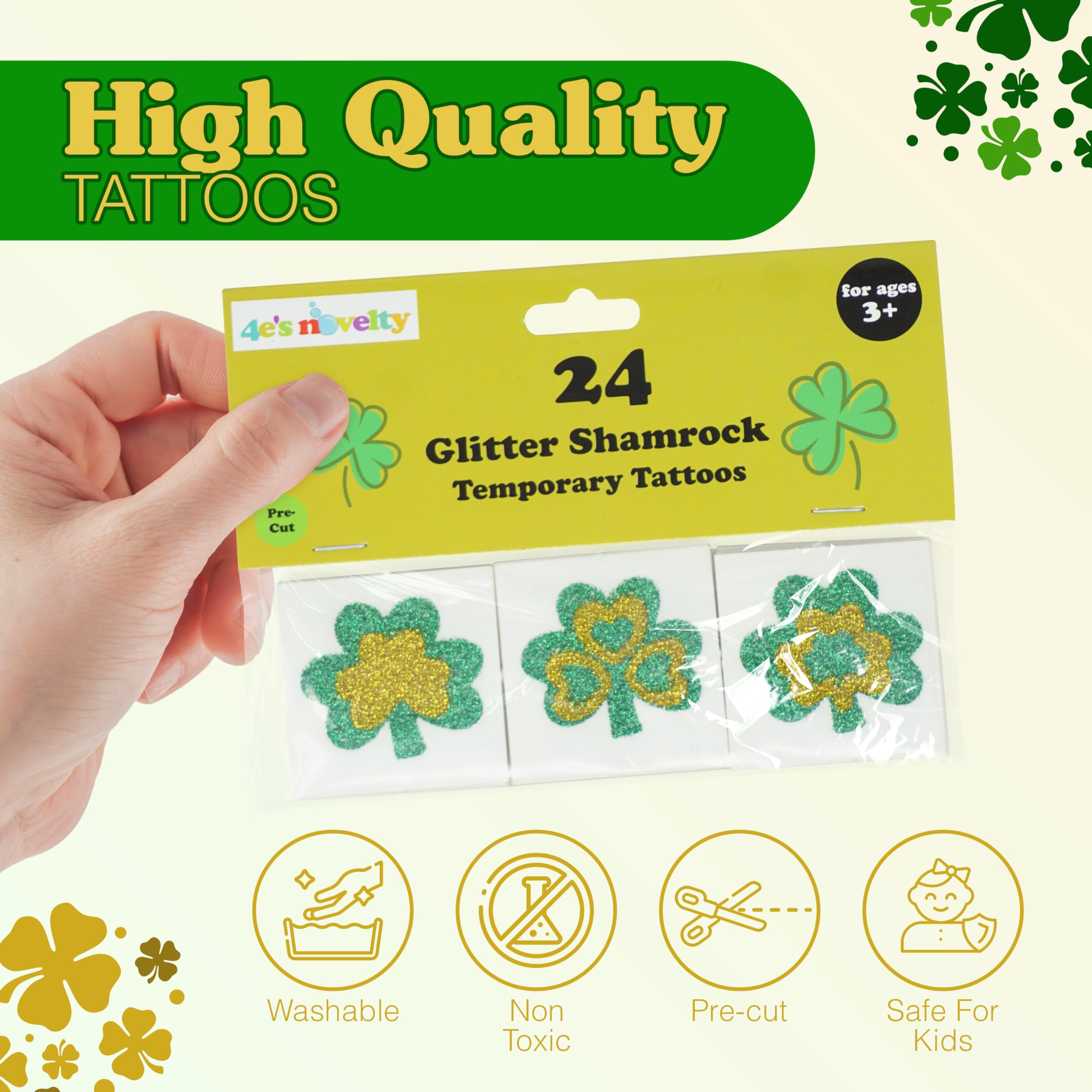 4E's Novelty Shamrock Temporary Tattoos - 24 Pack Glitter St. Patrick's Day Tattoos for Kids & Adults | Irish Party Favors, Face & Body Art | Perfect for Festivals, Parades & Themed Events