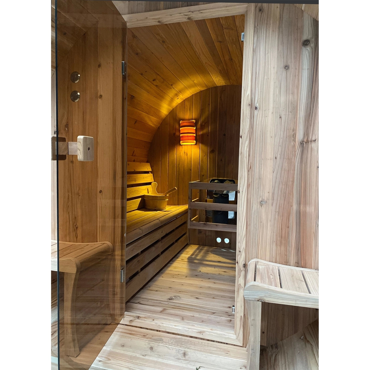 Aleko Outdoor Rustic Cedar Barrel Steam Sauna for 4 People - ETL Certified Front Porch Canopy - Perfect for Backyard Relaxation, Spa Day & Home Wellness Retreats