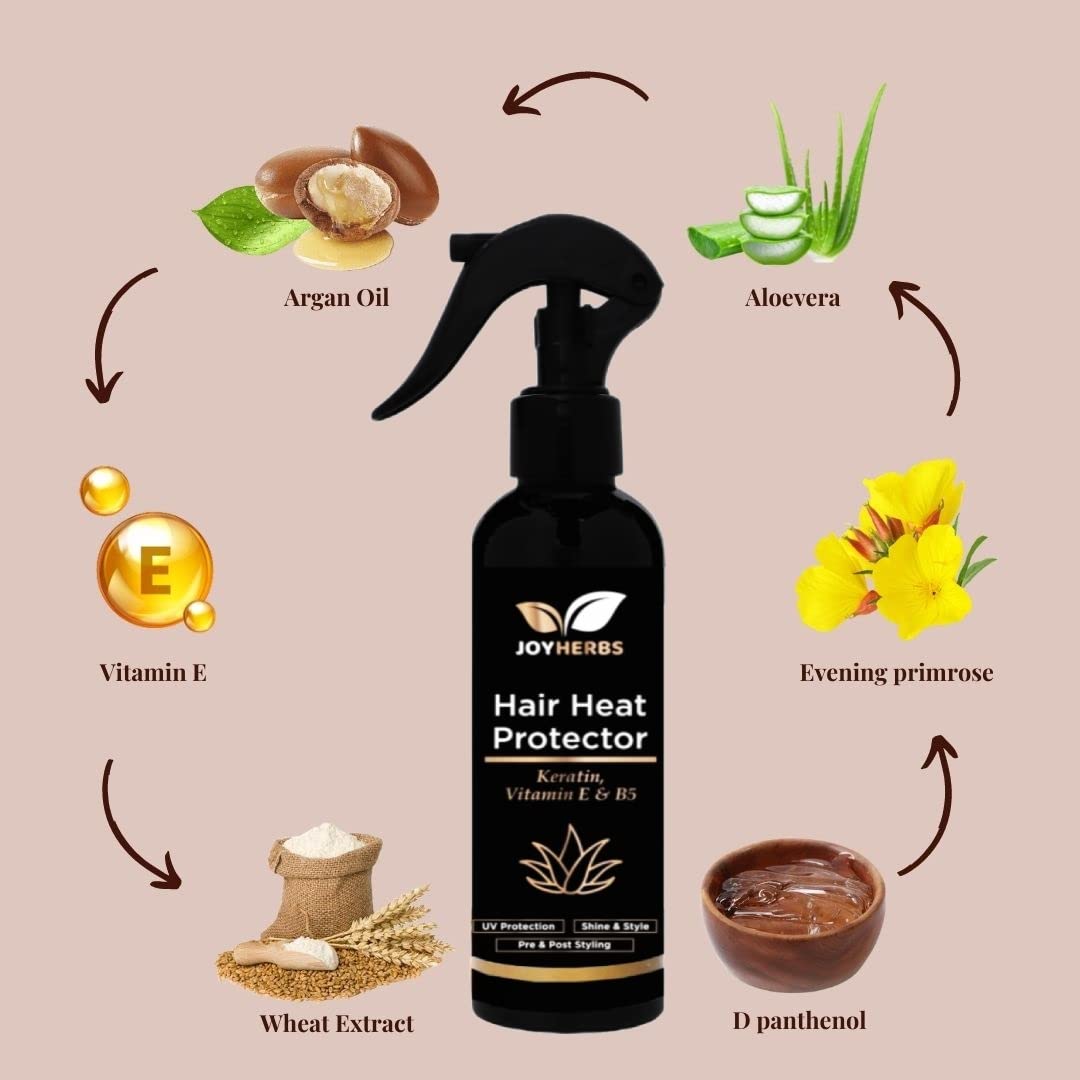 JOYHERBS Natural Heat Protectant Hair Spray 200ml - Keratin, Argan & Avocado Oil Formula Repairs Damage, Reduces Hair Fall & Breakage | Heat Protection for Straighteners, Curling Irons & Styling Tools | Perfect for Daily Styling & Salon Use