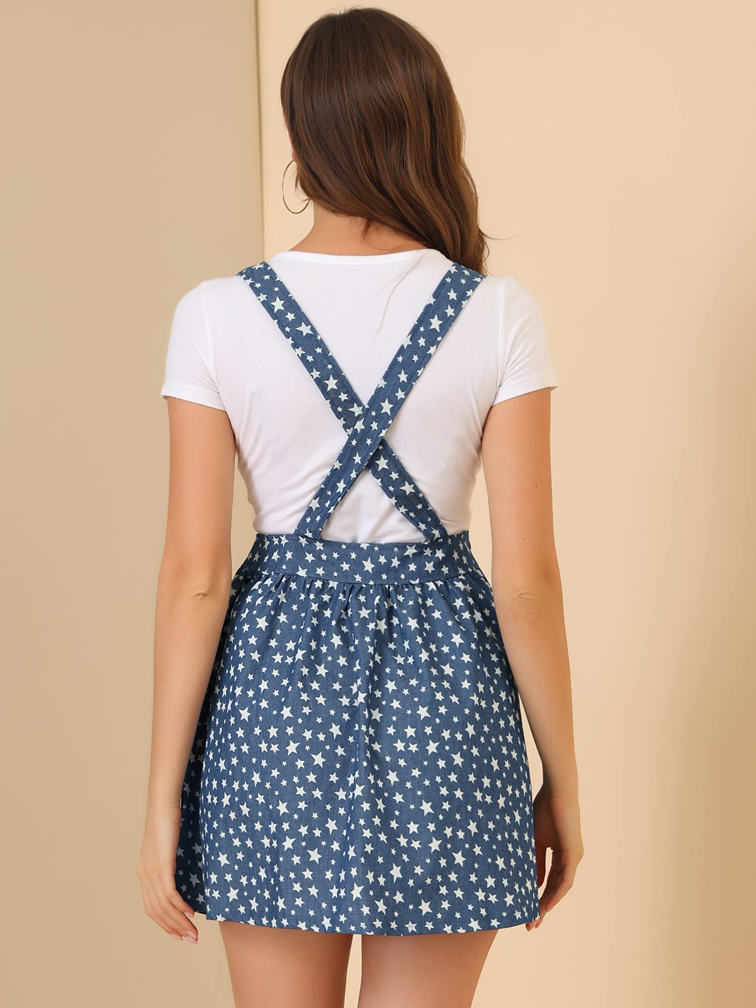 Allegra K Women's Printed Chambray Pinafore Dress with Adjustable Straps - Stylish Mini Overalls for Casual Outings, Date Nights & Summer Fashion