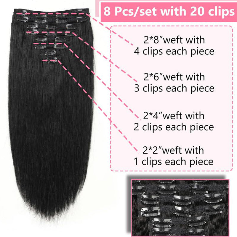 Eullair 8-Piece Silky Straight Clip-in Human Hair Extensions for Black Women - Virgin Kinky Hair, Natural Black Color, 120g Double Weft with 20 Clips | Perfect for Styling, Volume Boost & Everyday Wear