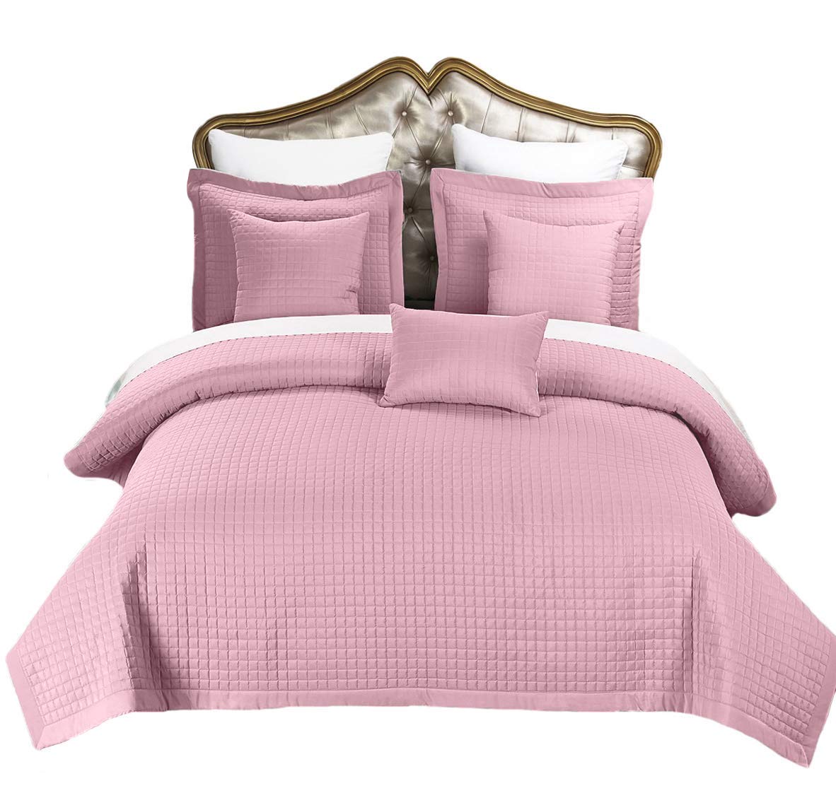 Royal Hotel 7-Piece Bedding Set - Full Size Checkered Quilt, Blush Bedspread with Sheets & Coverlet | Luxury Bed in a Bag for Hotels, Guest Rooms & Master Bedrooms