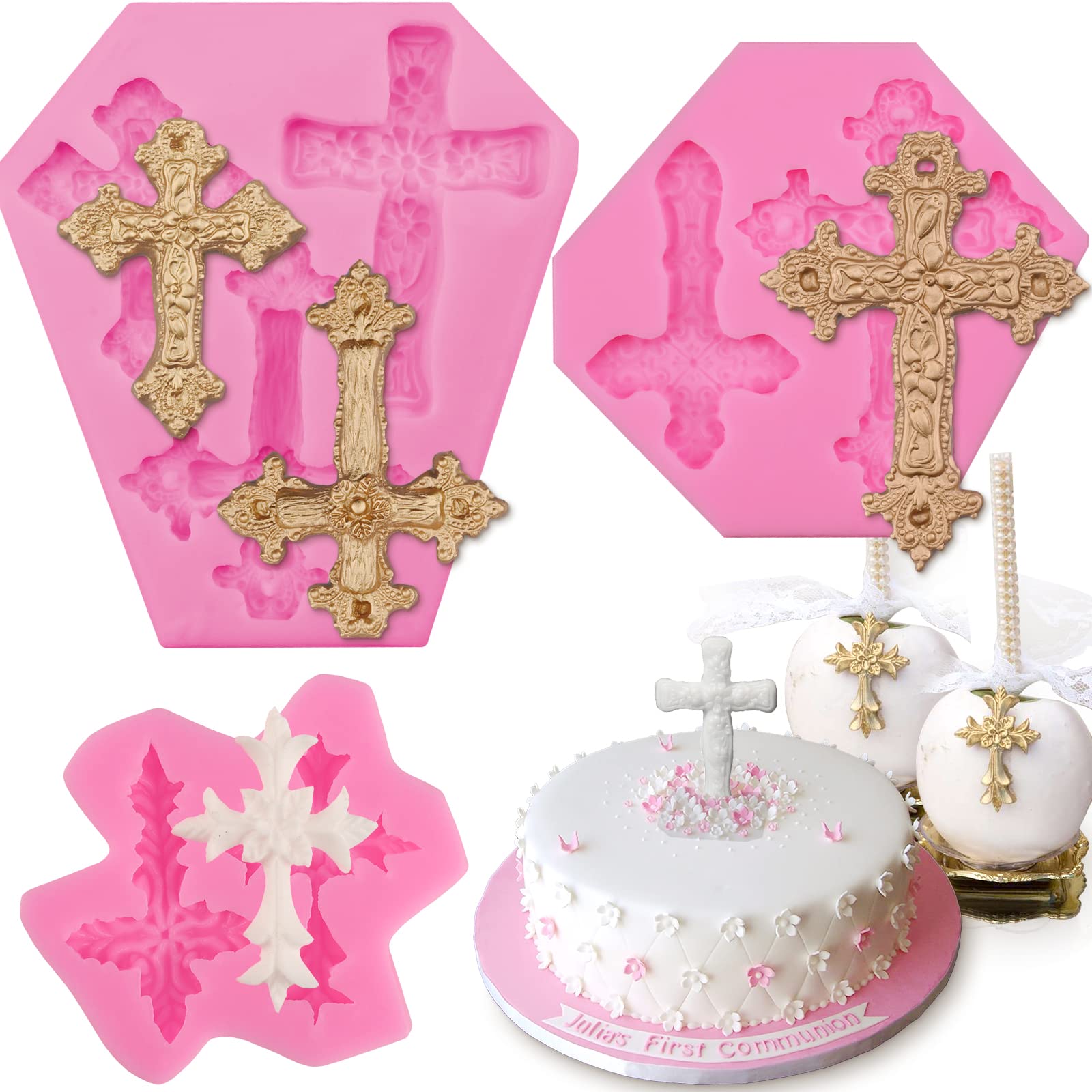 3 Pcs Silicone Cross Molds for Chocolate, Cake, Fondant, Candy, Clay, Cupcake & Candle Making - Perfect for Baptism, Easter, Christmas Decorations & DIY Crafts