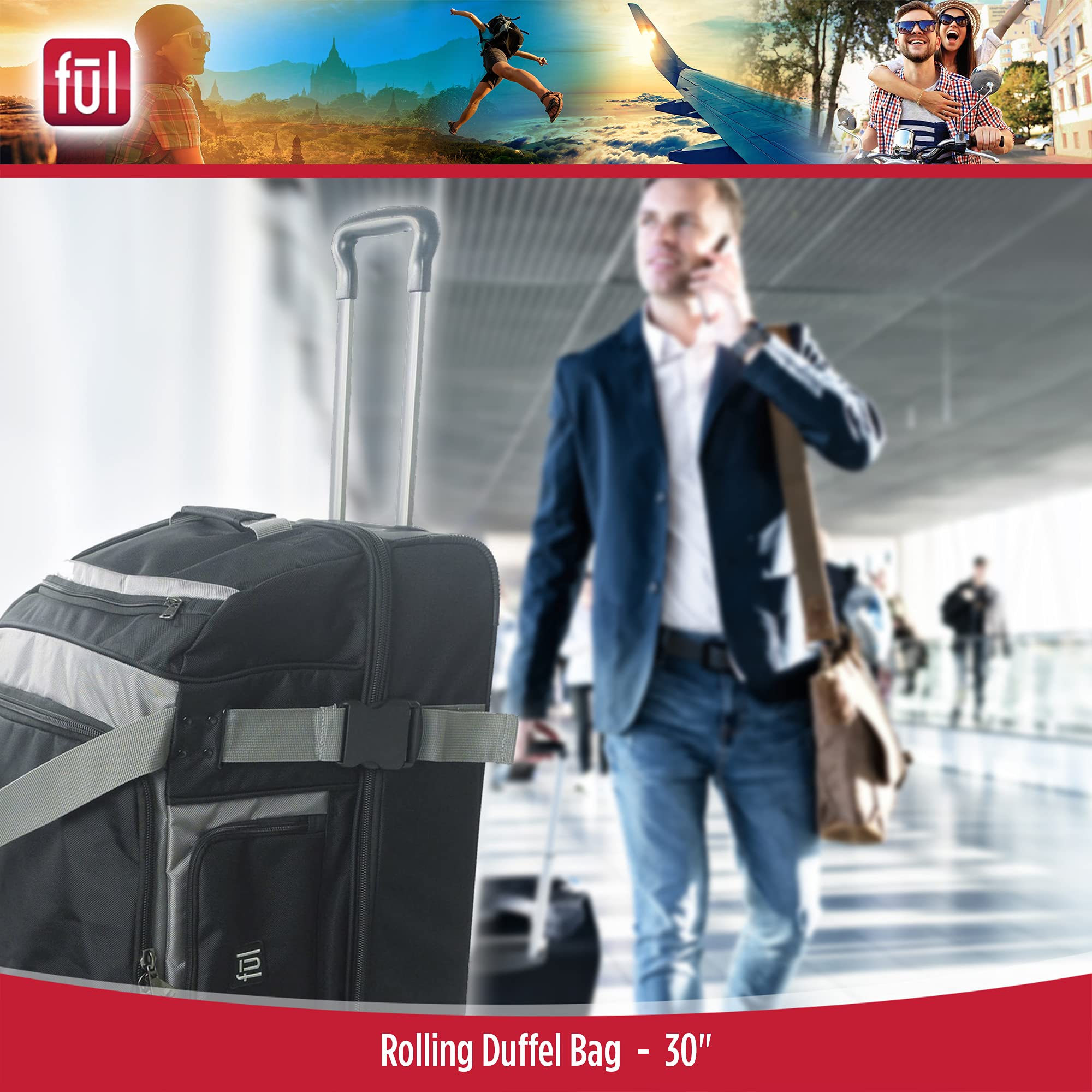 FUL Rig 30 Inch Rolling Duffel Bag - Large Wheeled Travel Luggage for Airplane, Cruise & Business Trips - Durable Spinner Suitcase with Smooth Wheels