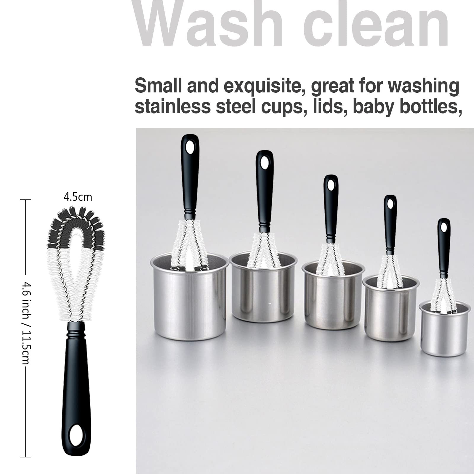 5-Pack Multipurpose Bottle Cleaning Brushes Set - Long Handle Brush for Wine, Beer, Thermos, S'Well & Sports Water Bottles - Includes Kettle Spout Brush and Straw Cleaner (Black) - Perfect for Home, Kitchen, Camping and Office Use