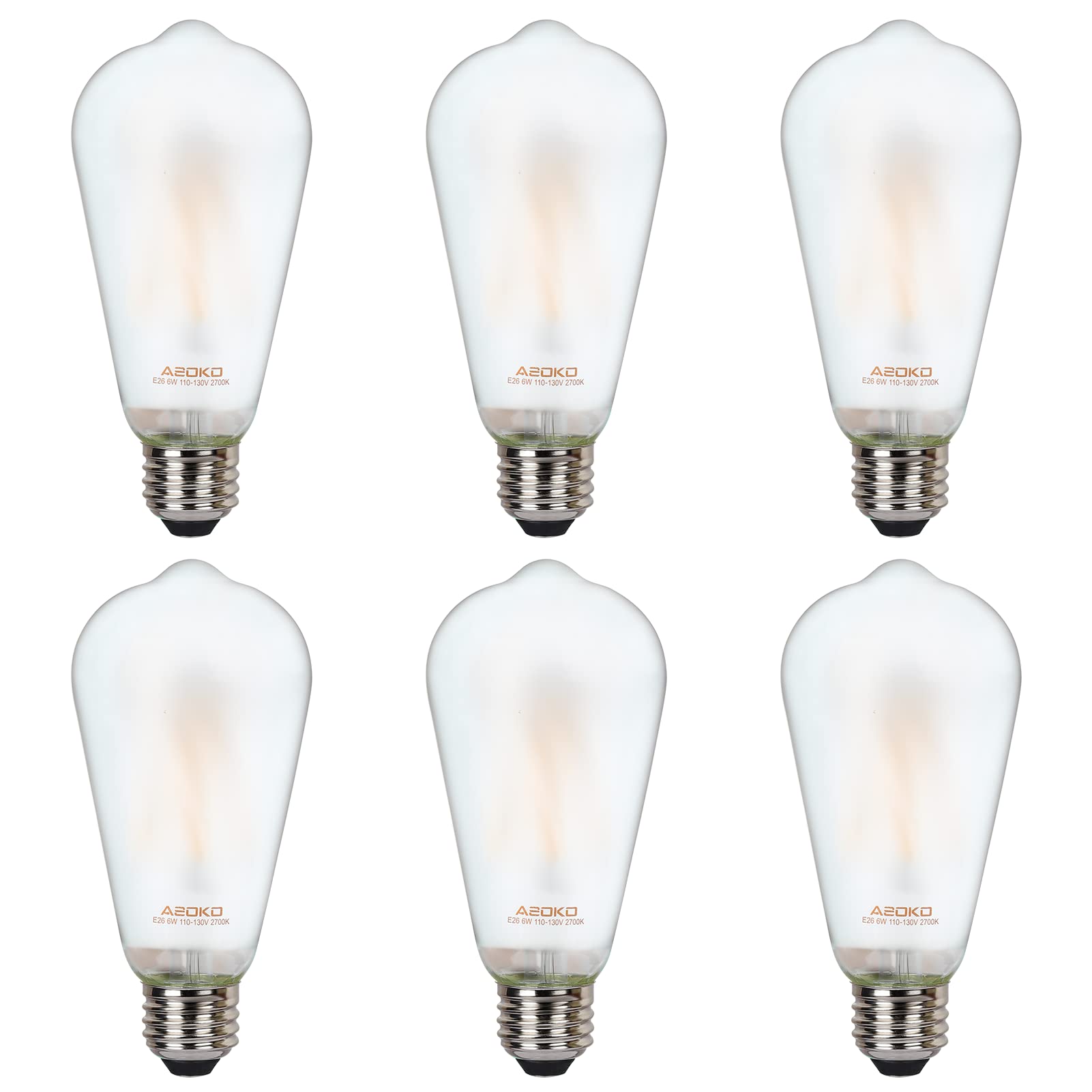 ASOKO ST64 Frosted LED Edison Vintage Light Bulbs - 6W (60W Equivalent) 2700K Warm White Dimmable Antique Filament Bulbs - 6 Pack - Perfect for Restaurants, Cafes and Home Decor Lighting