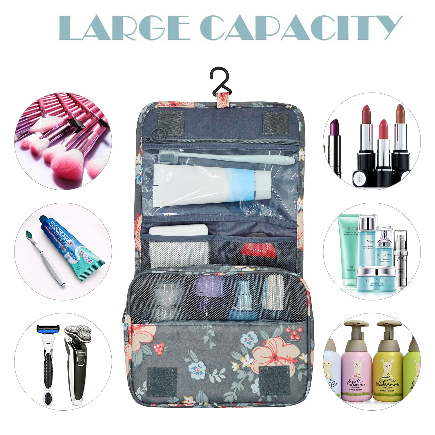Hanging Travel Toiletry Bag for Women - Waterproof Cosmetic Organizer with Multiple Pockets for Makeup, Shampoo & Toiletries (Dark Grey Floral Pattern) - Perfect for Vacation, Gym, Camping & Business Trips