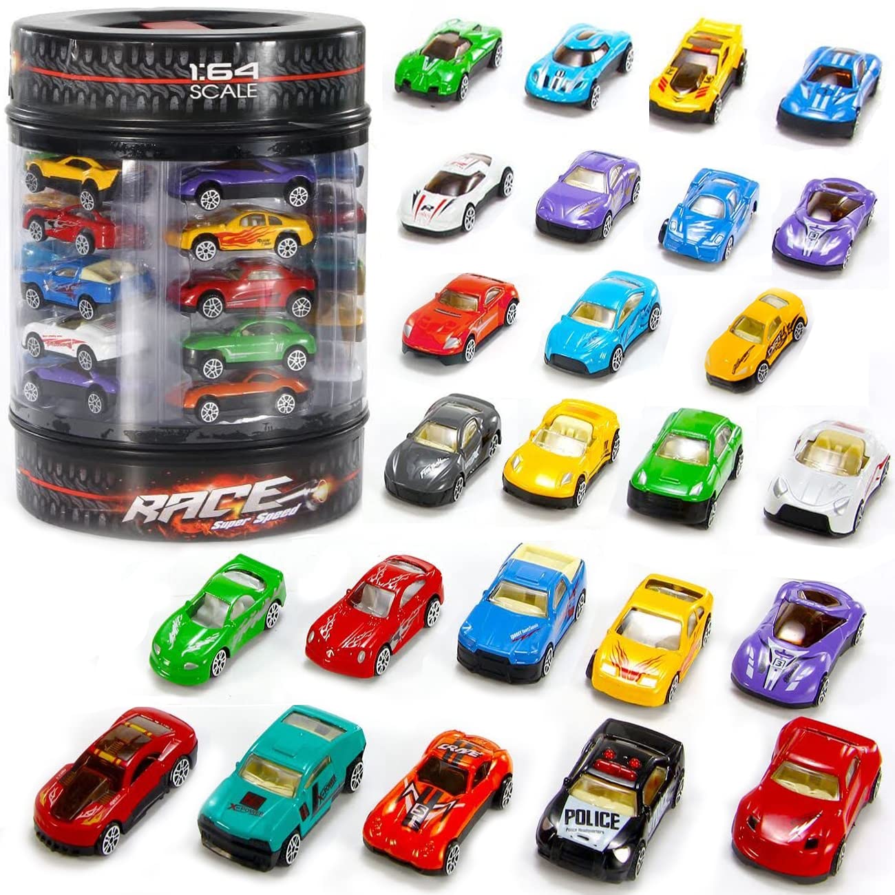 25-Piece 1:64 Scale Diecast Metal Alloy Car Toy Set with Storage Tub - Miniature Vehicle Collection for Kids & Collectors | Perfect for Playtime, Birthday Gifts & Display