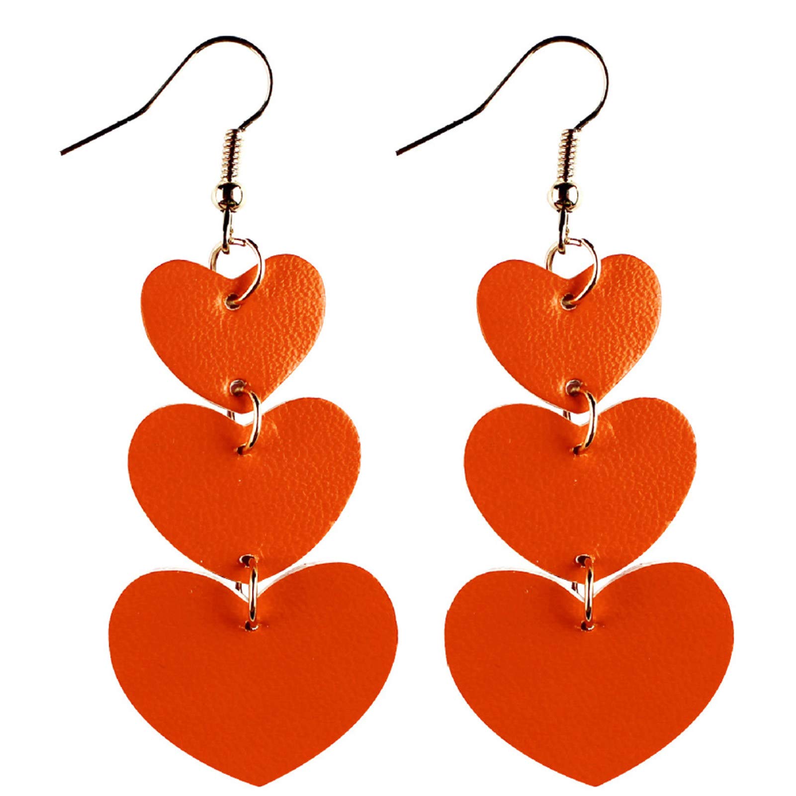 Qiguch66 Women's 3-Layer Love Heart Dangle Faux Leather Hook Earrings - Valentine's Day Gift for Women & Girls (Orange) | Perfect for Date Nights, Parties & Everyday Wear