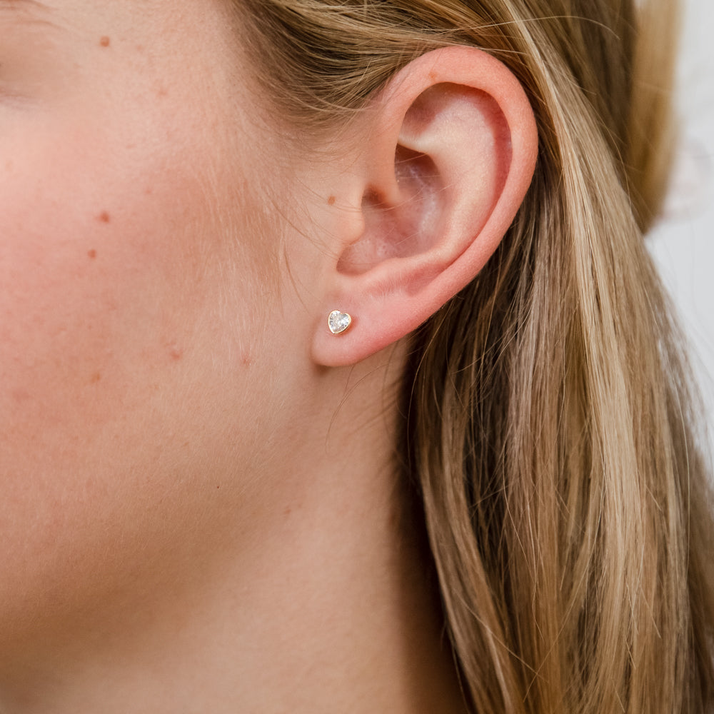 9ct Yellow Gold Bezel Set Heart Shape Cubic Zirconia Stud Earrings for Women - Valentine's Day Gift, Anniversary Present, Romantic Jewelry for Her