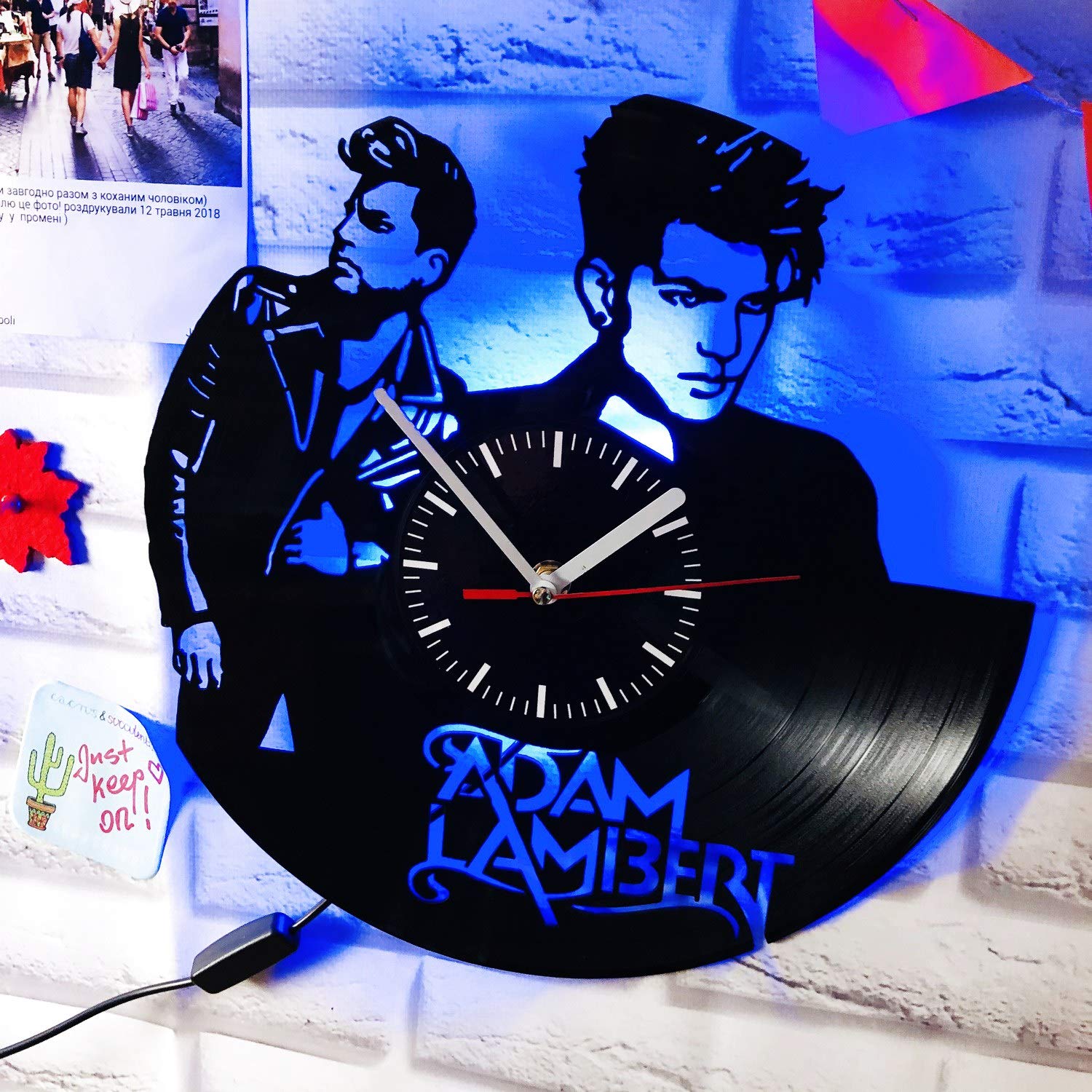 Adam Lambert Vinyl Wall Clock with LED Backlight - Blue Night Atmosphere Light for Living Room Decor | Creative Classic Timepiece with Illumination for Bedroom, Office & Home Interior Design