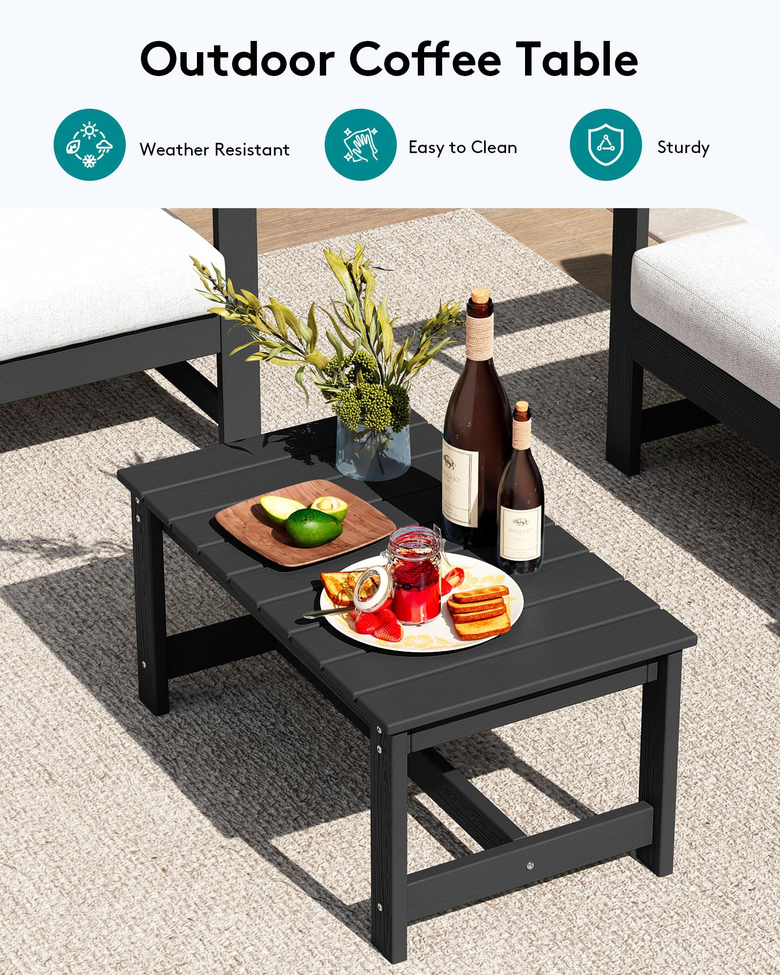 SERWALL 4-Piece Outdoor Patio Furniture Set - All-Weather HDPE Loveseat Sofa with Cushions & Coffee Table, Black Frame & Khaki Cushions for Garden, Deck, Backyard or Poolside Relaxation