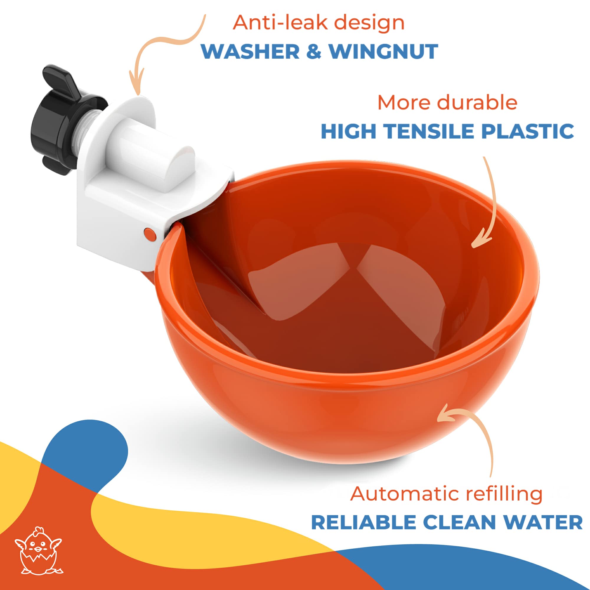 Lil'Clucker Chicken Waterer Cups 10 Pack - 5 Orange & 5 Blue Poultry Drinking Cups for Chickens, Ducks, and Birds - Perfect for Coops, Farms, and Backyard Poultry Care