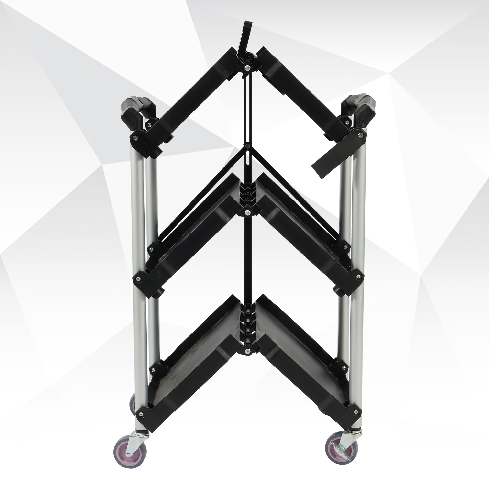 Foldable 3-Tier Utility Cart with Wheels - Portable & Collapsible Service Cart for Office, Warehouse, Home - Perfect for Moving Supplies, Groceries, and Storage Organization (Black)