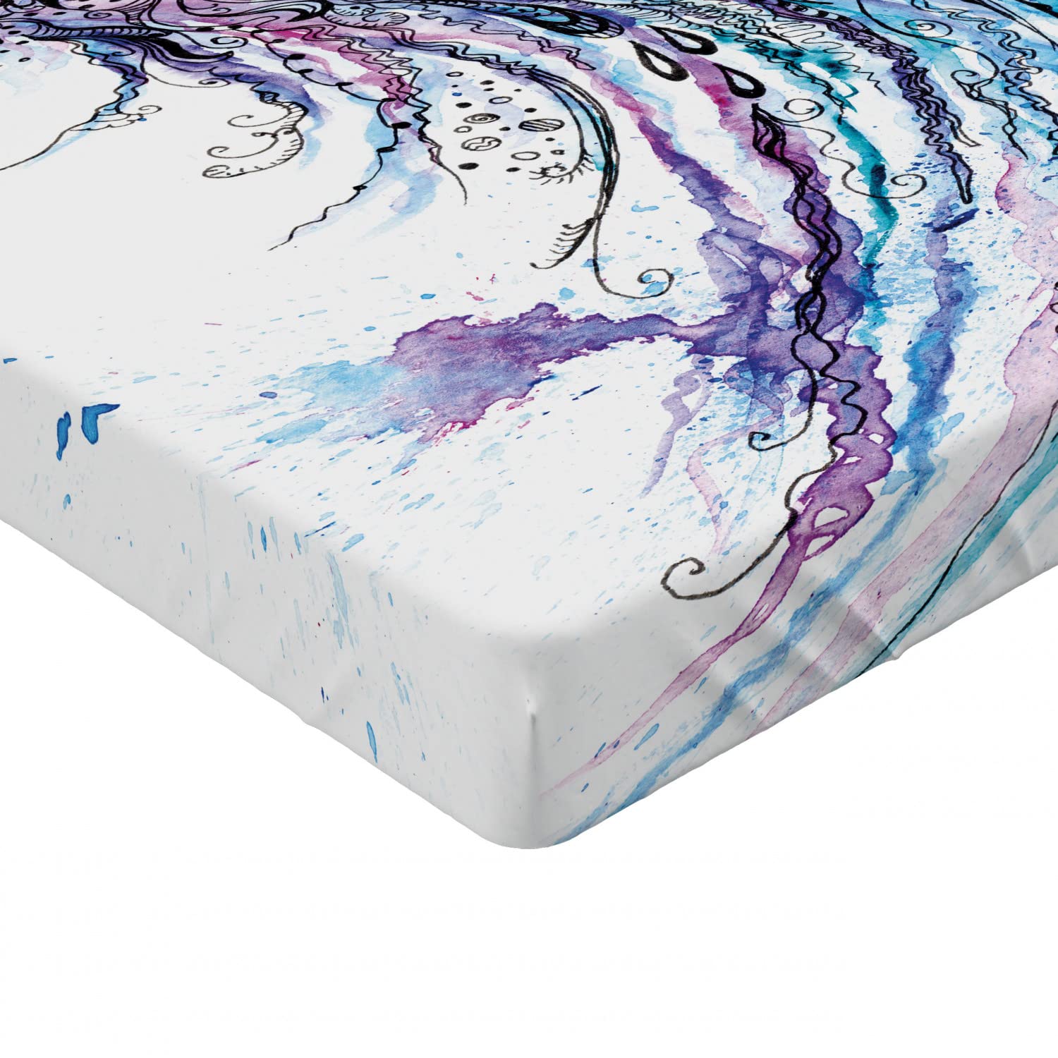 Ambesonne Jellyfish Fitted Sheet - Twin XL Size, Aqua Ocean Animal Print Sketch Design, Deep Pocket All-Round Elastic Bed Cover in Blue Purple White | Marine Themed Bedding for Kids Rooms, Beach Houses & Underwater Decor