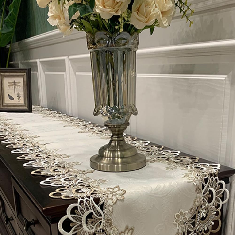 AMZALI Macrame Table Runners for Party, 70inch Lace Floral Embroidered Rectangle Table Dresser Scarf, Wedding and Home Decor, Beige & White