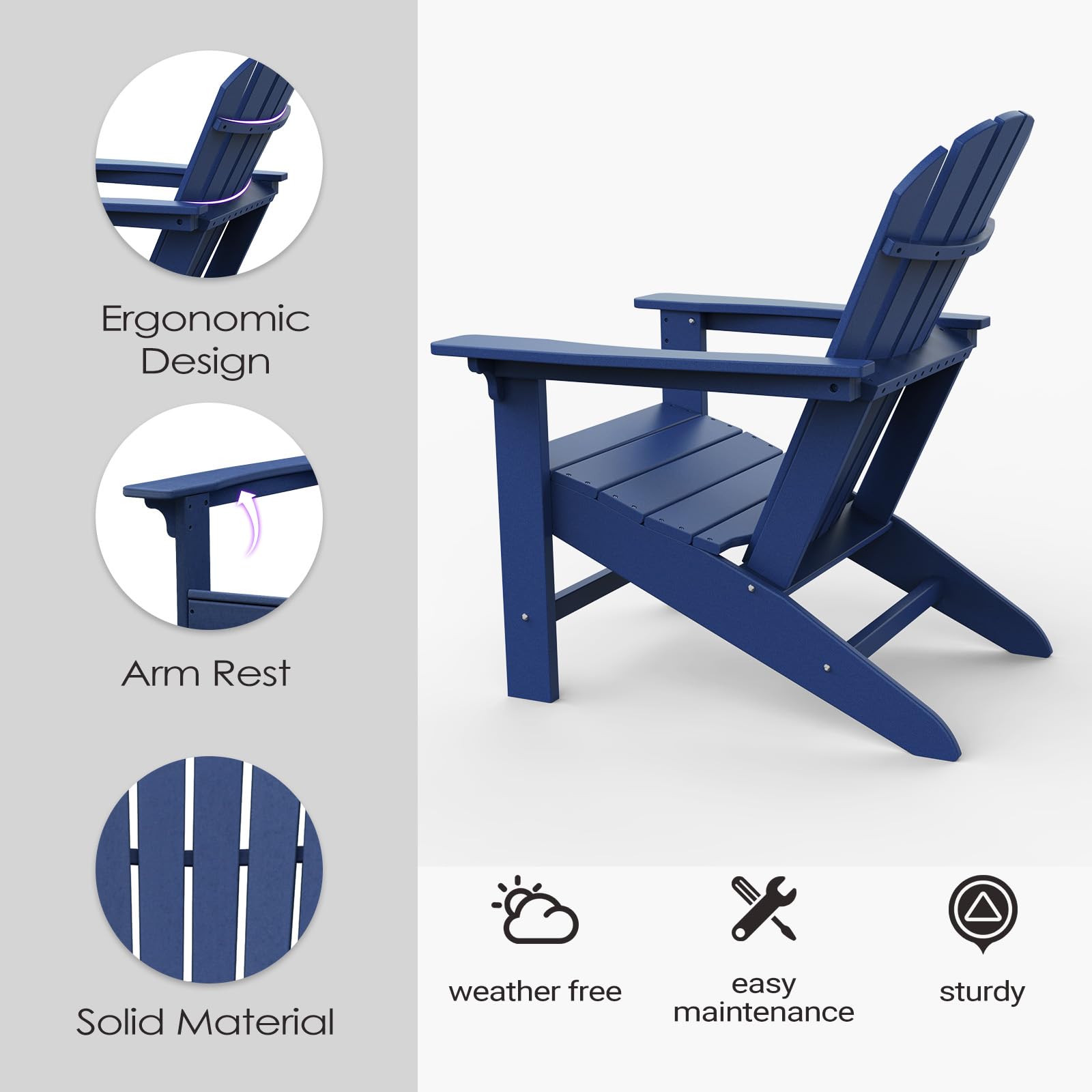 **Premium Adirondack Chair - Heavy Duty Weather-Resistant Outdoor Lounge Chair for Patio, Garden, Deck, Poolside - Easy 4-Step Assembly - Navy Blue - Perfect for Relaxing by Fire Pit, Backyard & Porch**