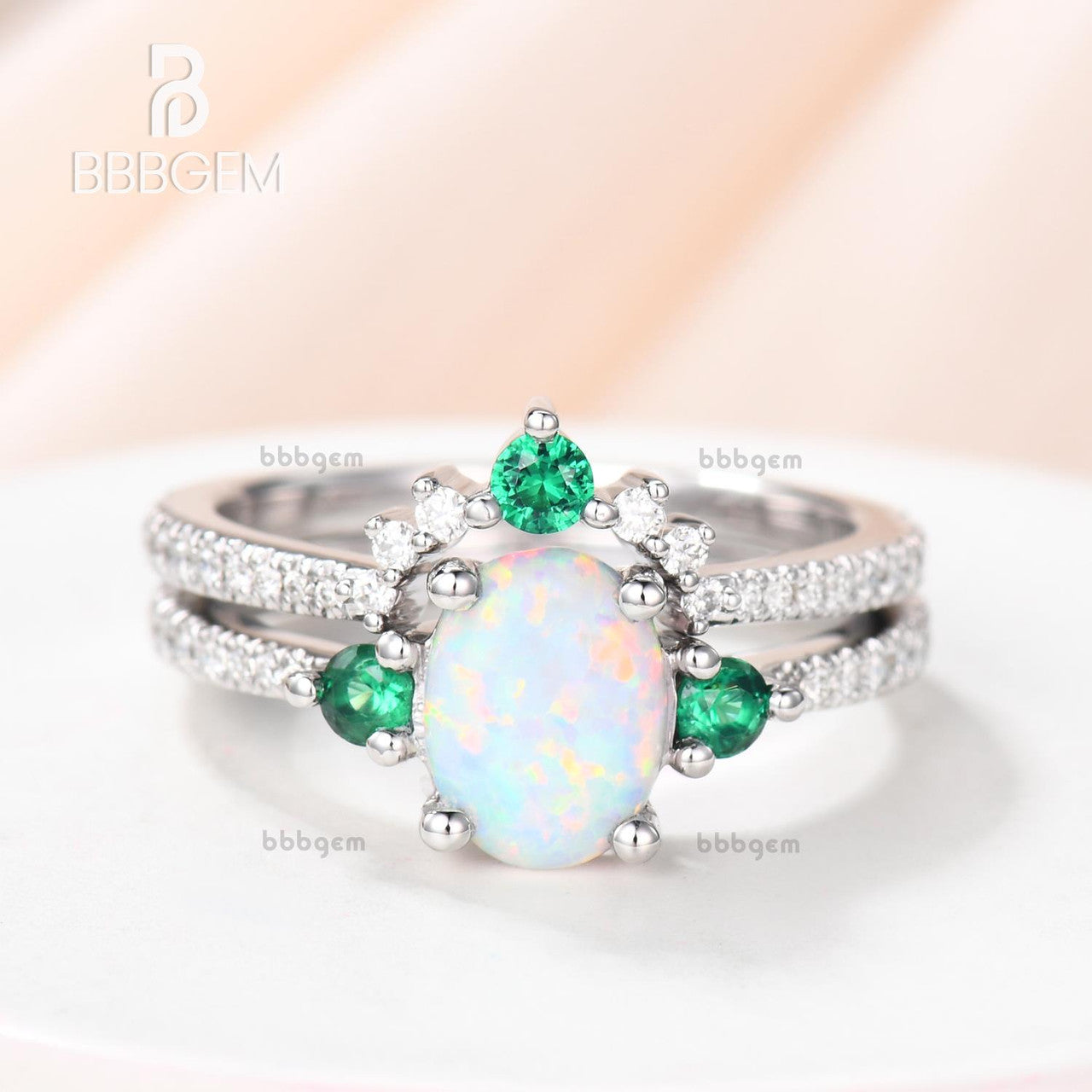 Antique Diamond & Emerald Engagement Ring Set with Lab Opal Bridal Wedding Band - Vintage Style for Bridal Jewelry, Wedding Proposal & Anniversary Gifts