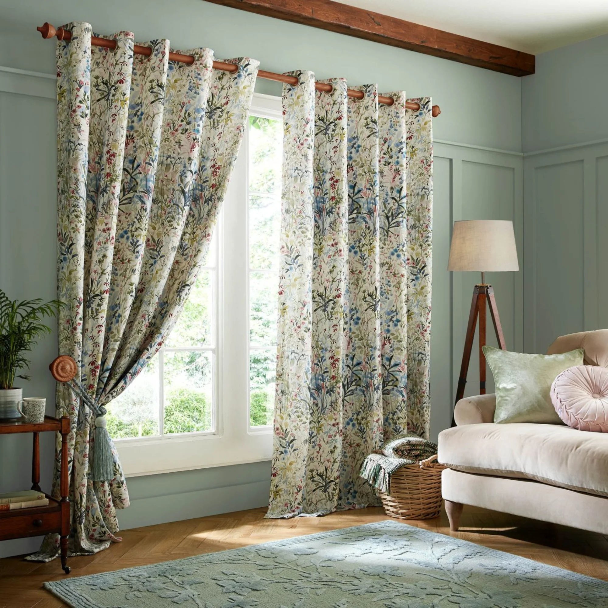 Laura Ashley Pointon Fields Eyelet Curtains - Elegant Floral Window Drapes for Living Room & Bedroom - Light Filtering & Privacy Sheer Curtain Panels (Multi-Color)