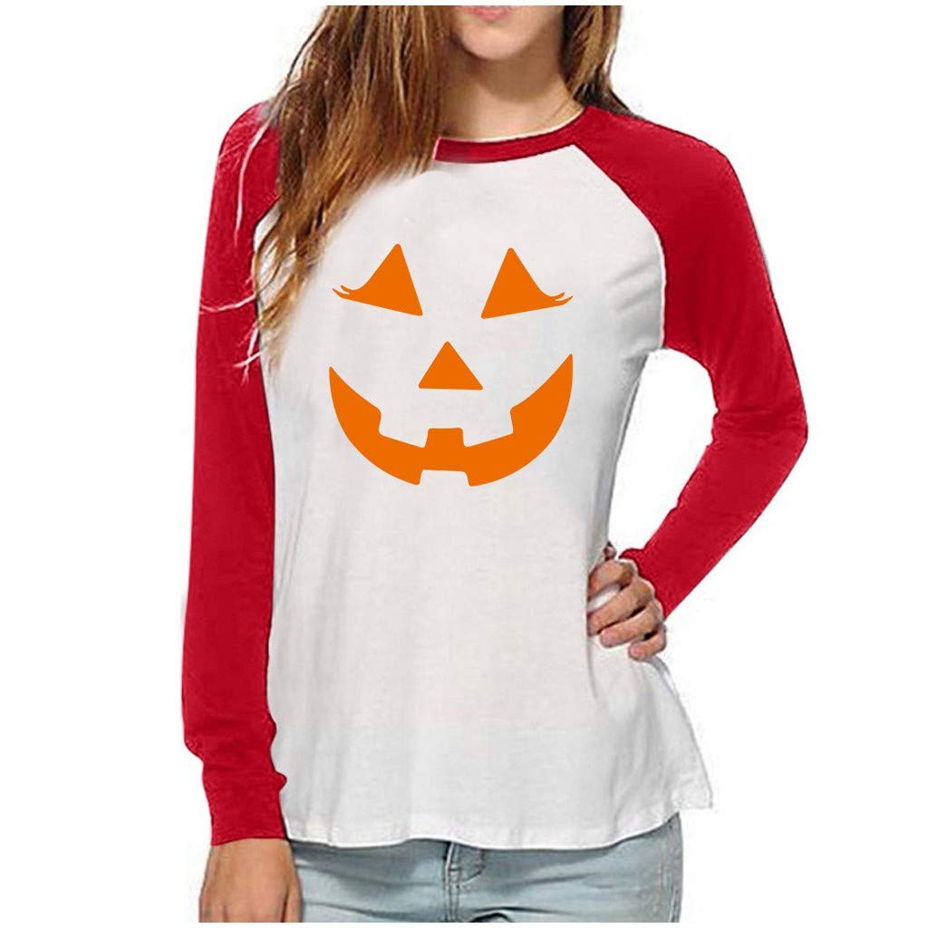 Miximx Women's Halloween Print Long Sleeve Blouse - Fall Round Neck Breathable Dressy T-Shirt for Costume Parties, Office Wear & Casual Outfits