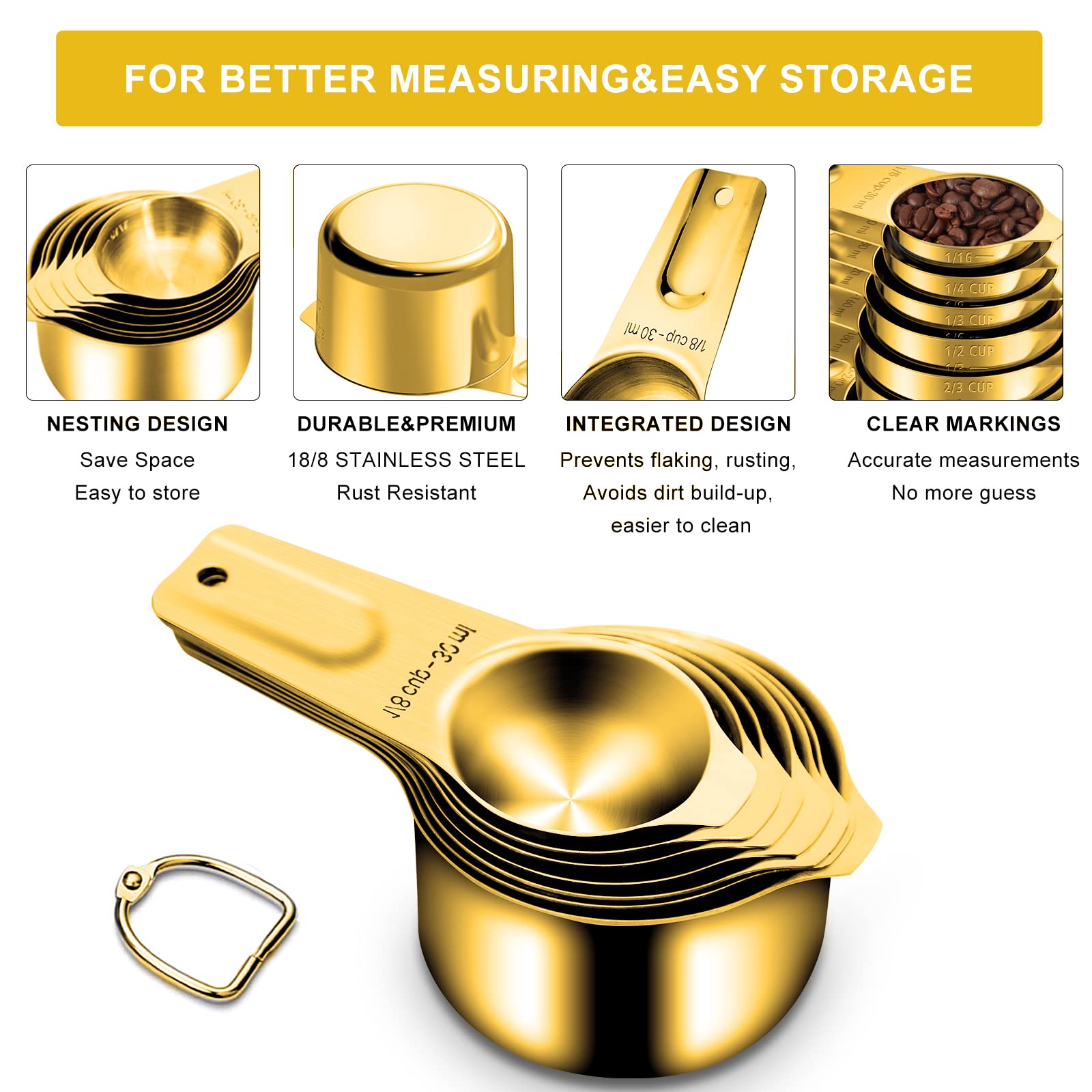 Premium 15-Piece Gold Measuring Cups and Spoons Set - 18/8 Stainless Steel Kitchen Tools with 7 Nesting Cups & 8 Magnetic Spoons - Perfect for Baking, Cooking, Meal Prep and Gift Giving