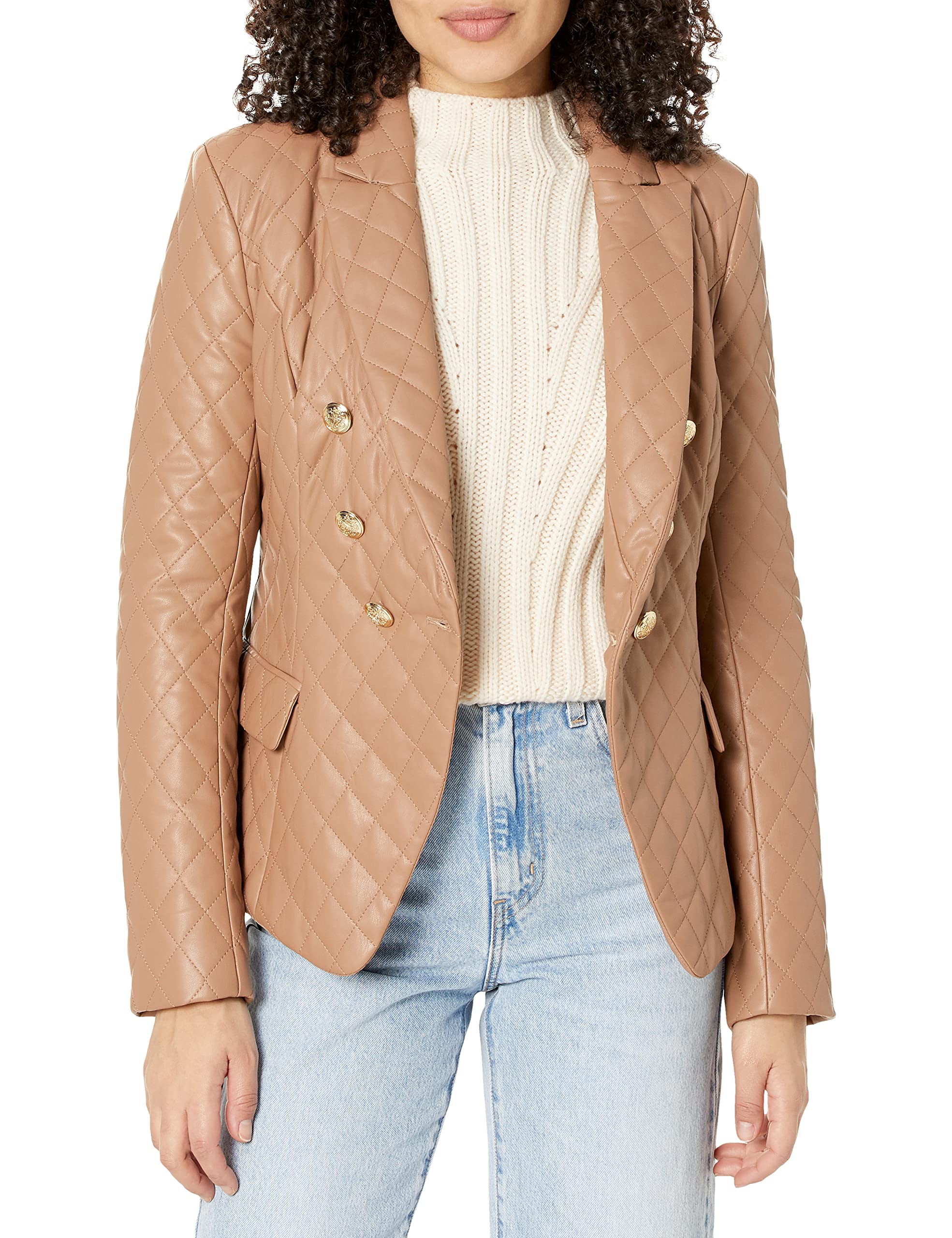 GUESS Women's Petite Long Sleeve Ziza Quilted PU Blazer Jacket - Office Wear, Business Casual & Formal Outfits for Women
