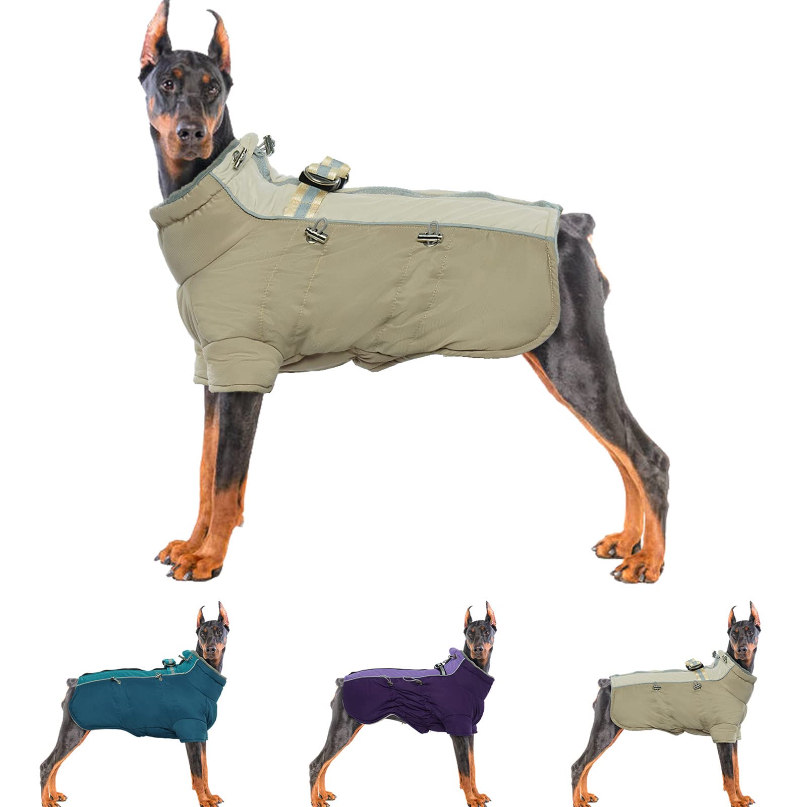 IDOMIK Waterproof & Fleece-Lined Dog Winter Coat with Harness - Warm Snowsuit Jacket for Small, Medium & Large Dogs - High Collar Vest for Cold Weather (Khaki, 2XL) - Perfect for Winter Walks, Outdoor Adventures & Snowy Days