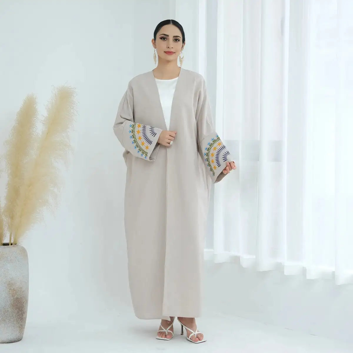Elegant Colorful Embroidery Cuff Cardigan Open Abaya Dress for Women - Boho Chic Muslim Fashion for Prayer, Home & Special Occasions