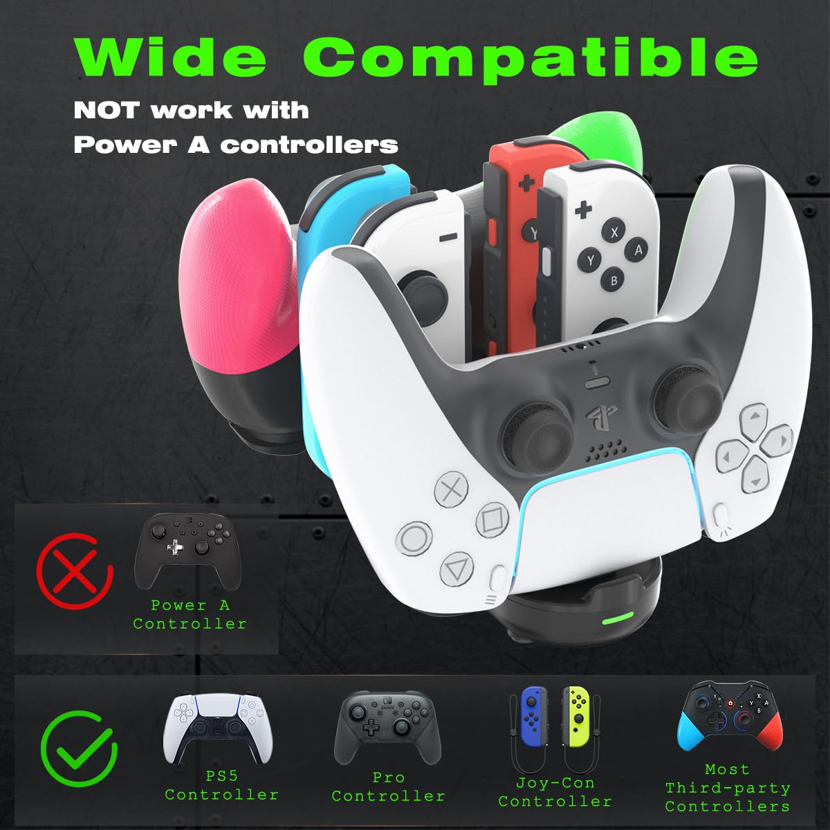Nintendo Switch Controller Charger Dock - 6-in-1 Charging Station for JoyCon & Pro Controller with LED Indicator & USB Cable | Also Compatible with PS5 Controller | Perfect for Gaming Setup & Multiplayer Sessions
