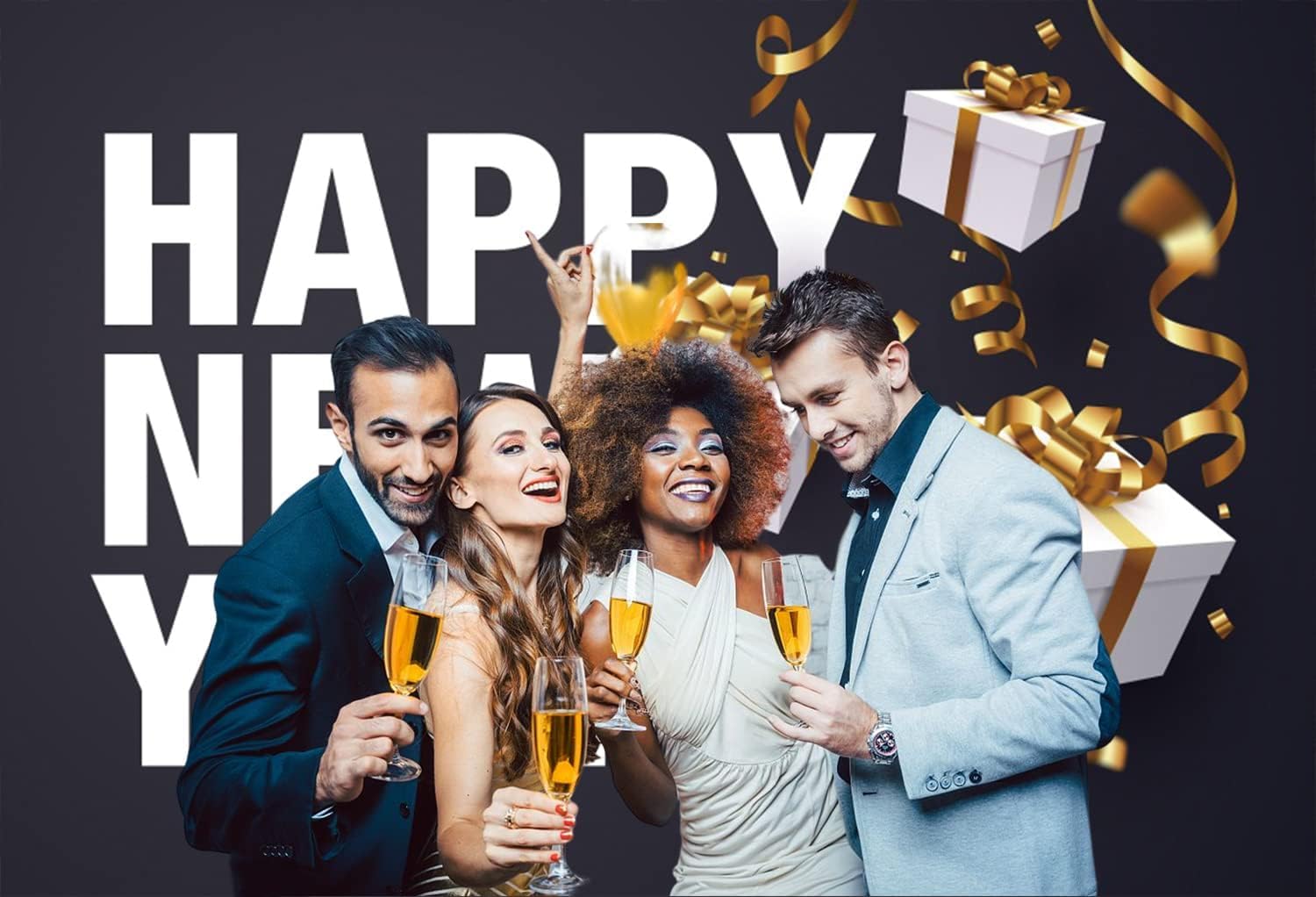 7x5ft Happy New Year Backdrop with White Gift Boxes & Golden Tassels - 2025 New Year's Eve Photography Background for Christmas Party Decor, Photo Booth Props | Perfect for Holiday Celebrations, NYE Parties & Social Media Photos