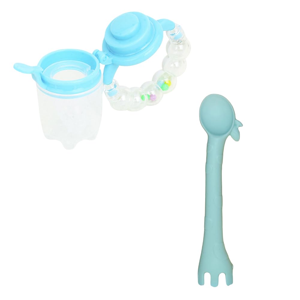 Kritiu BPA-Free Silicone Baby Rattle Teether & Spoon Set - Safe Infant Teething Toys & Feeding Utensils for 6+ Months - Perfect for Soothing Sore Gums & First Solid Foods (White & Sky Blue) | Great for Home, Travel & Daycare Use