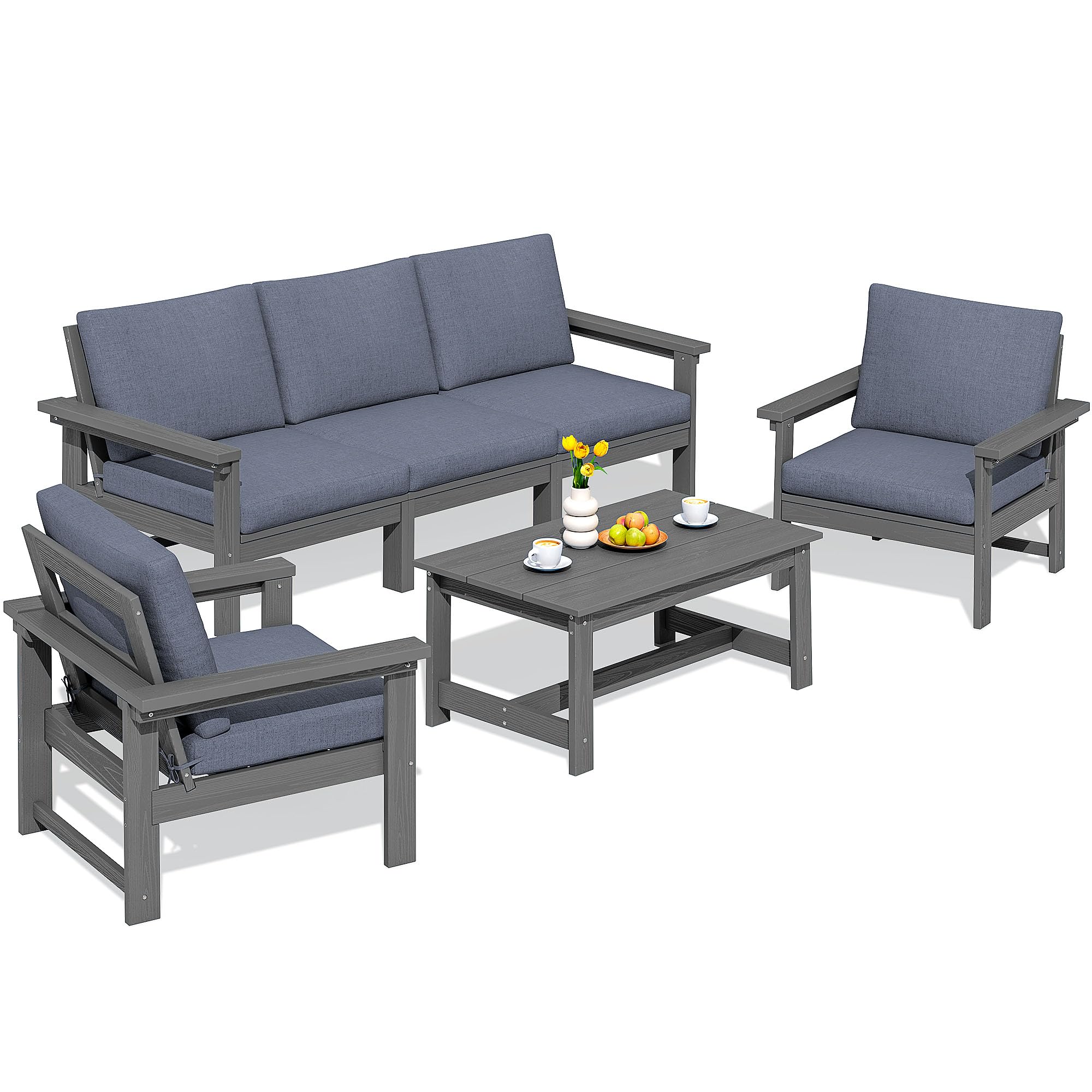 SERWALL 6-Piece HDPE All-Weather Outdoor Patio Furniture Set - Grey Sectional Couch with Cushions for Deck, Garden, Backyard & Poolside Relaxation | Durable Conversation Set for Lawn, Porch & Outdoor Living Spaces