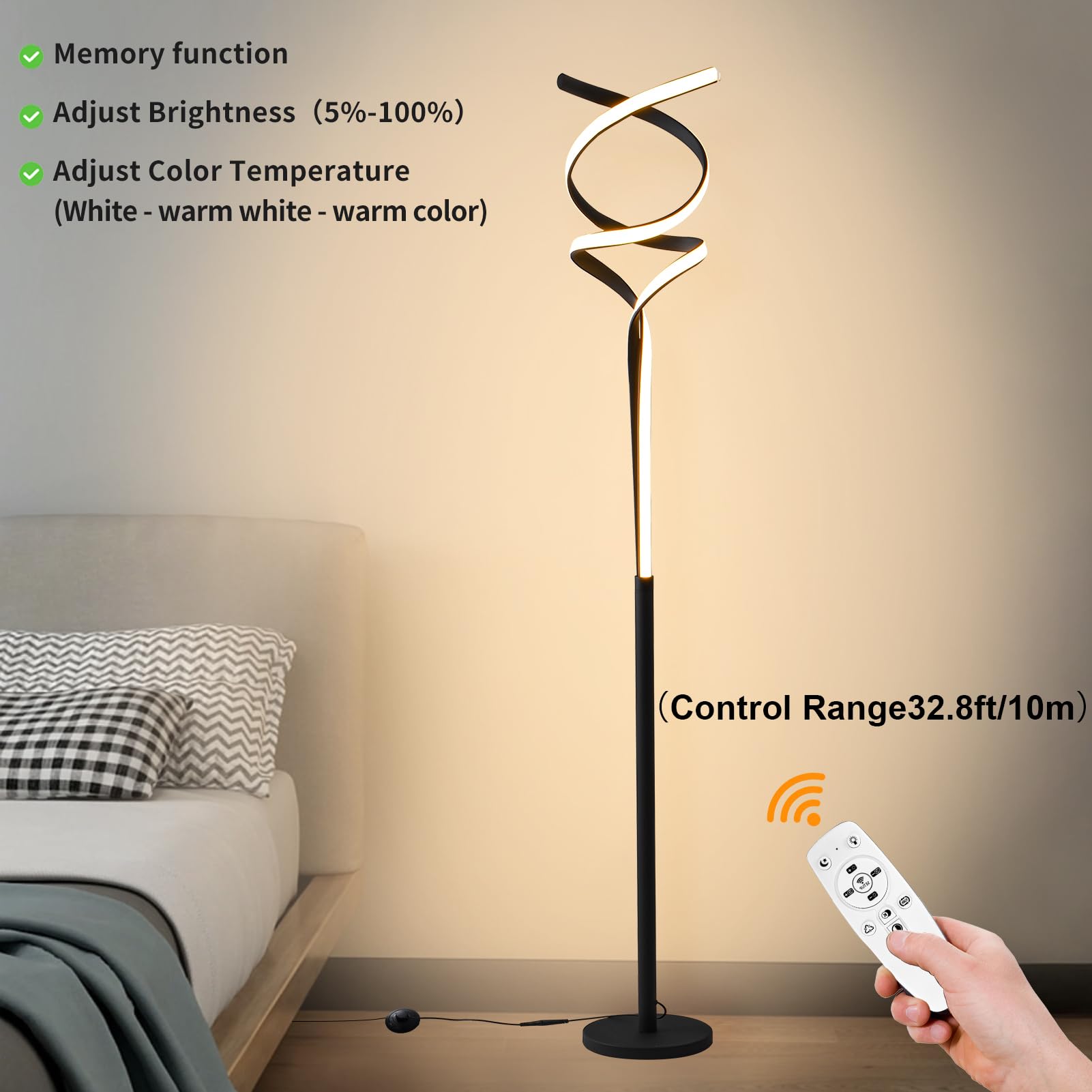 Modern LED Floor Lamp for Living Room & Bedroom - 40W 2500LM Bright Black Standing Light with Remote Control, 3-Color Dimmable, 63