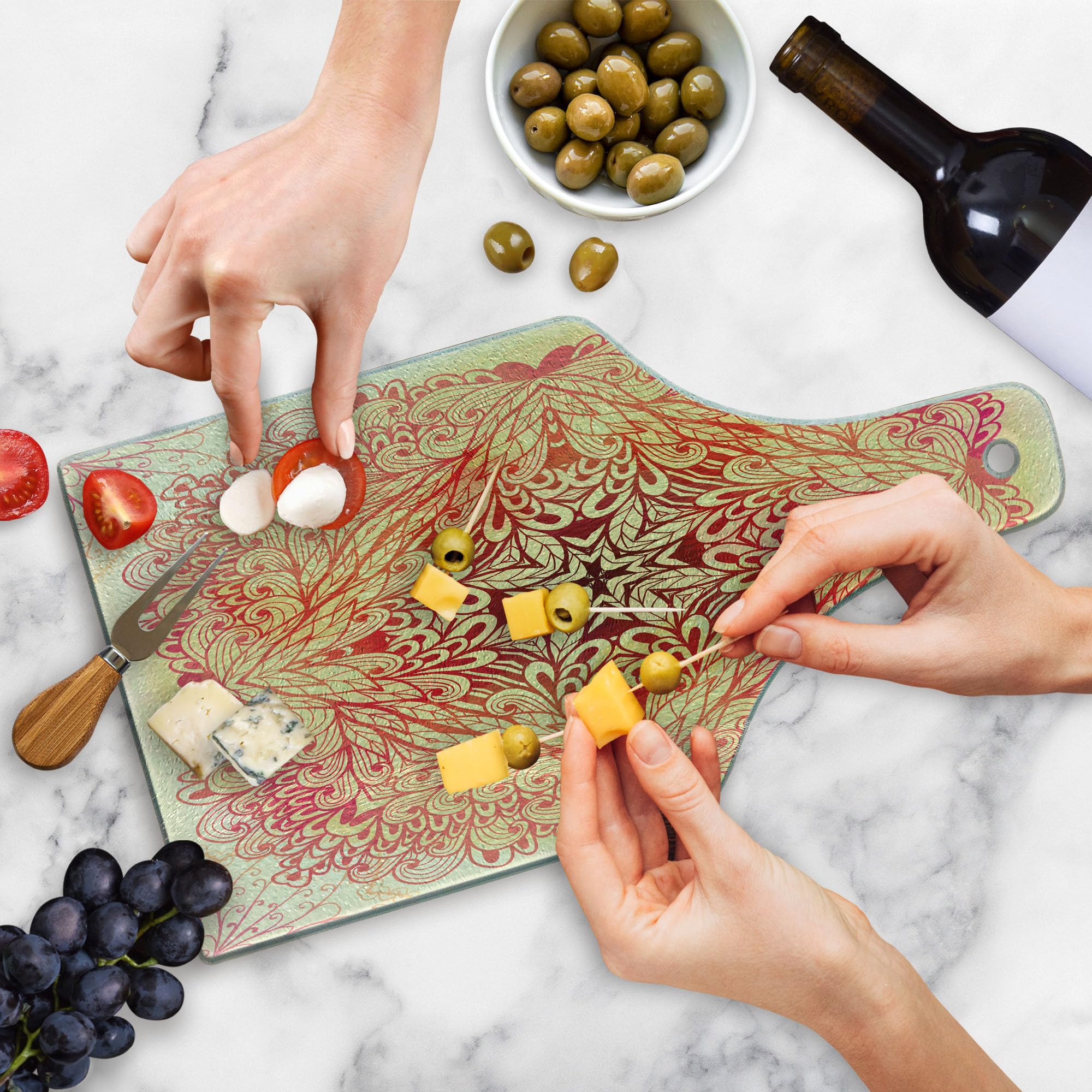 Ambesonne Mandala Tempered Glass Cutting Board - Hand Drawn Ombre Floral Design with Swirls & Ivy - Square Decorative Serving Board for Kitchen, Charcuterie & Wine - Pink, Yellow & White