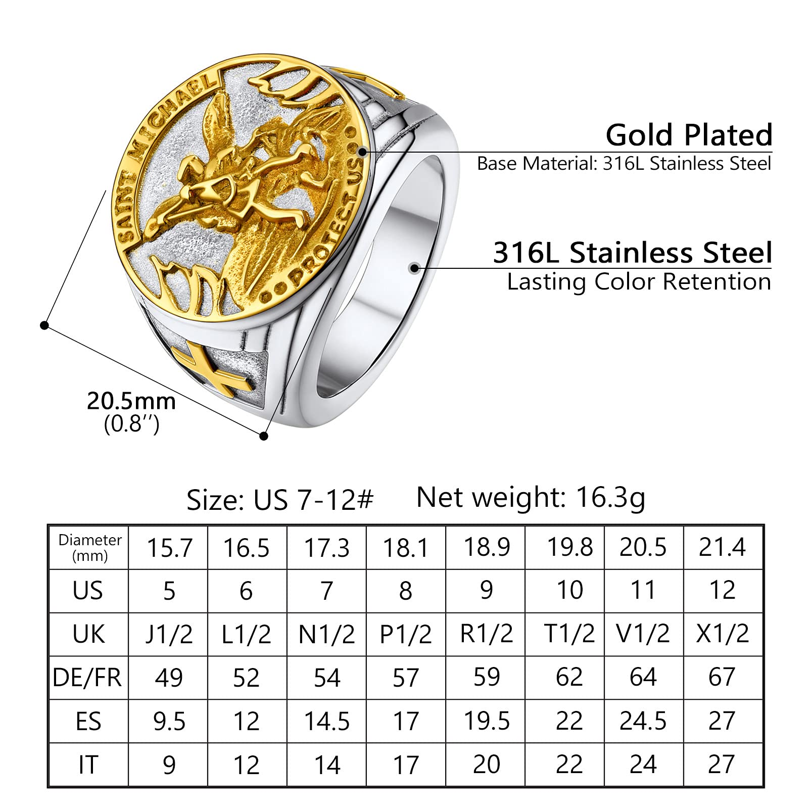PROSTEEL Men's Archangel Angel Ring - Saint Michael & Christopher Religious Jewelry - Gold Plated Stainless Steel Ring with Gift Box - Perfect for Baptism, Confirmation & Spiritual Gifts