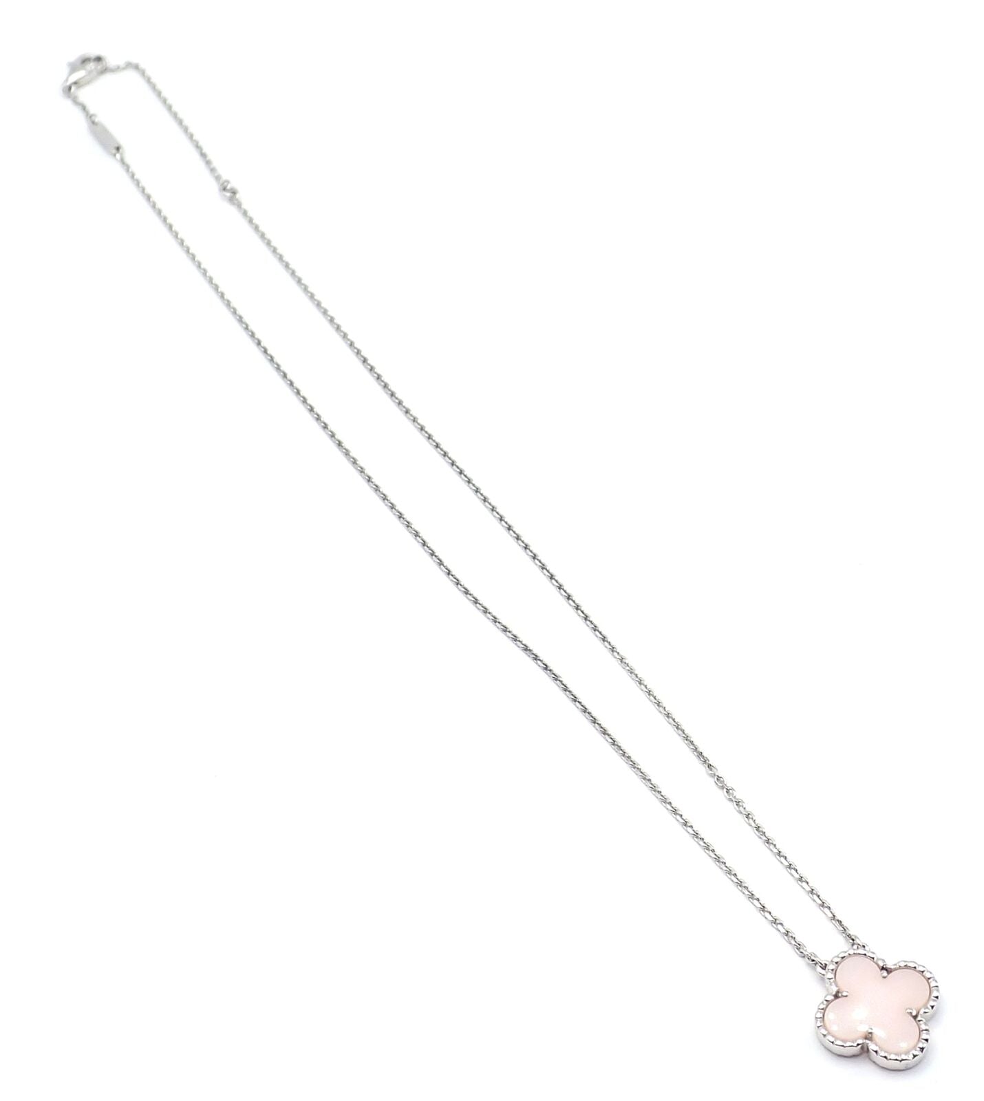 Authentic Van Cleef & Arpels Alhambra 18k White Gold Pink Opal Pendant Necklace with Certification - Elegant Jewelry for Weddings, Parties & Special Occasions