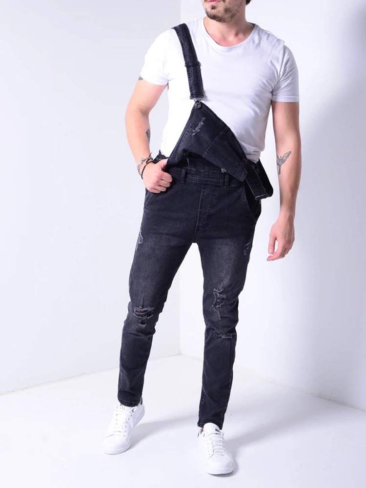 Huixin Men's Denim Overalls - Ripped Bib Jeans Slim Fitted Jumpsuit with Pockets (Black) | Casual Workwear & Street Style Outfit