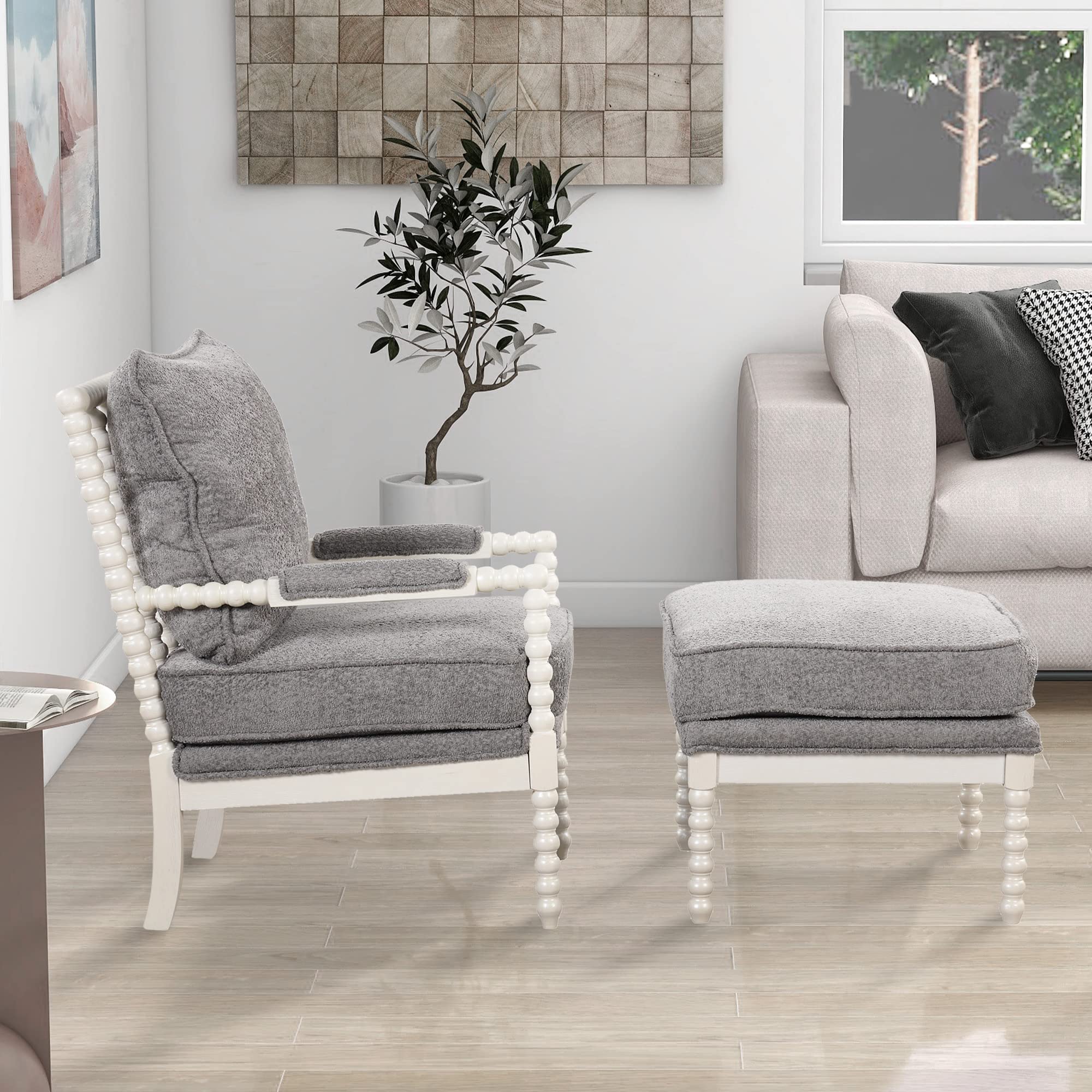 Modern Velvet Accent Chair with Ottoman - Tufted Armchair with Footrest, Lounge & Reading Chair for Small Spaces - Living Room, Bedroom, Office Decor (White + Gray 009) | Cozy Seating for Relaxing, Reading & Entertaining Guests