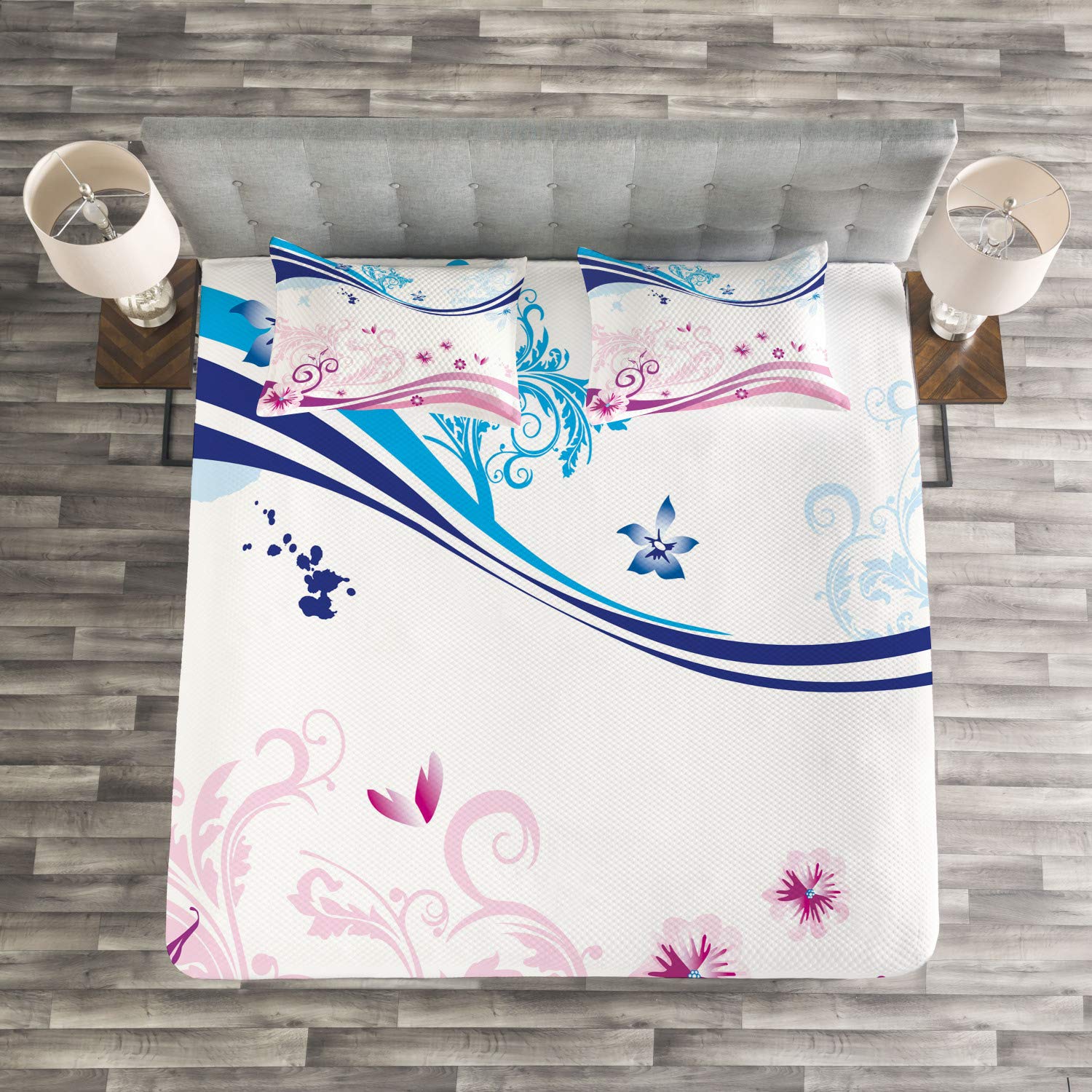 Ambesonne Floral Bedspread Set - Modern Digital Swirls Ivy Flowers Leaves Design with White Backdrop, 3-Piece Queen Size Bedding Set with Coverlet & 2 Pillow Shams in Dark Blue Lilac | Perfect for Master Bedroom, Guest Room & Bohemian Home Decor