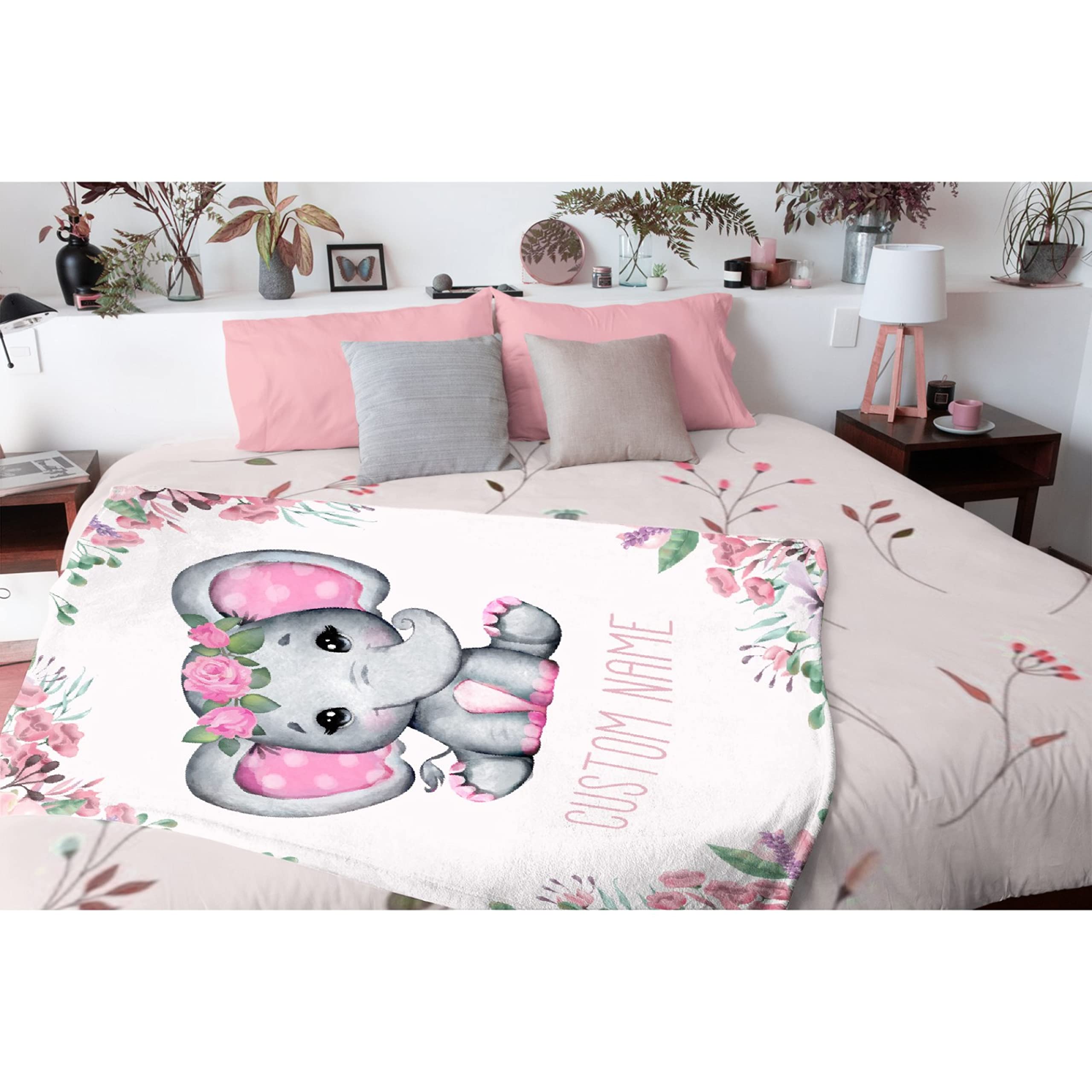 Personalized Baby Blanket with Name - Pink Floral Elephant Design Custom Fleece Blanket for Girls & Boys | Soft 120