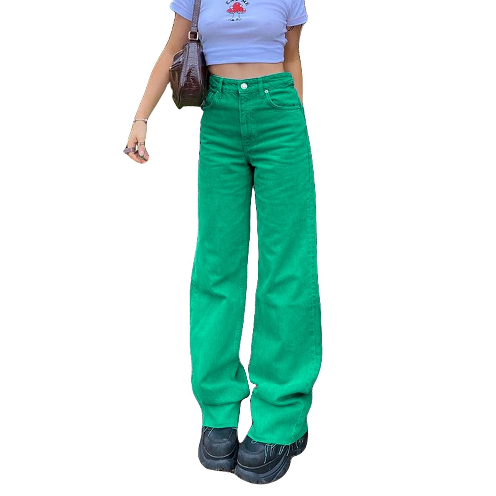 NUFIWI Y2K Baggy Jeans for Women - High Waist Denim Pants in Green & Pink | 2021 Summer Fashion Streetwear | Perfect for Casual Outfits, Teen Style & Street Photography